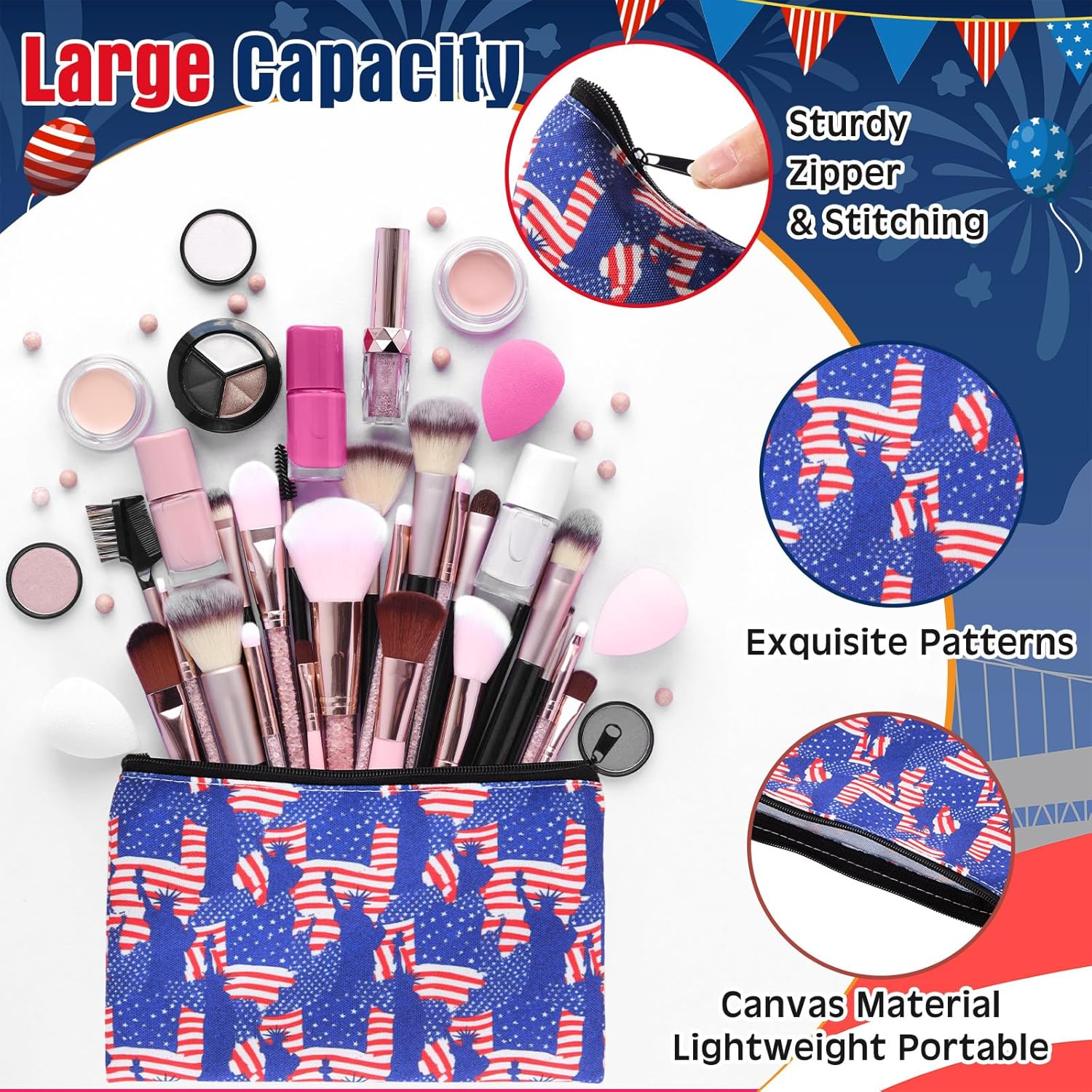 24 Pcs Patriotic Cosmetic Bags 4Th of July Makeup Bags Toiletry Pouch with Zipper Travel Cosmetic Organizer for Independence Day Gift Women Girls 24 Styles - Image 3