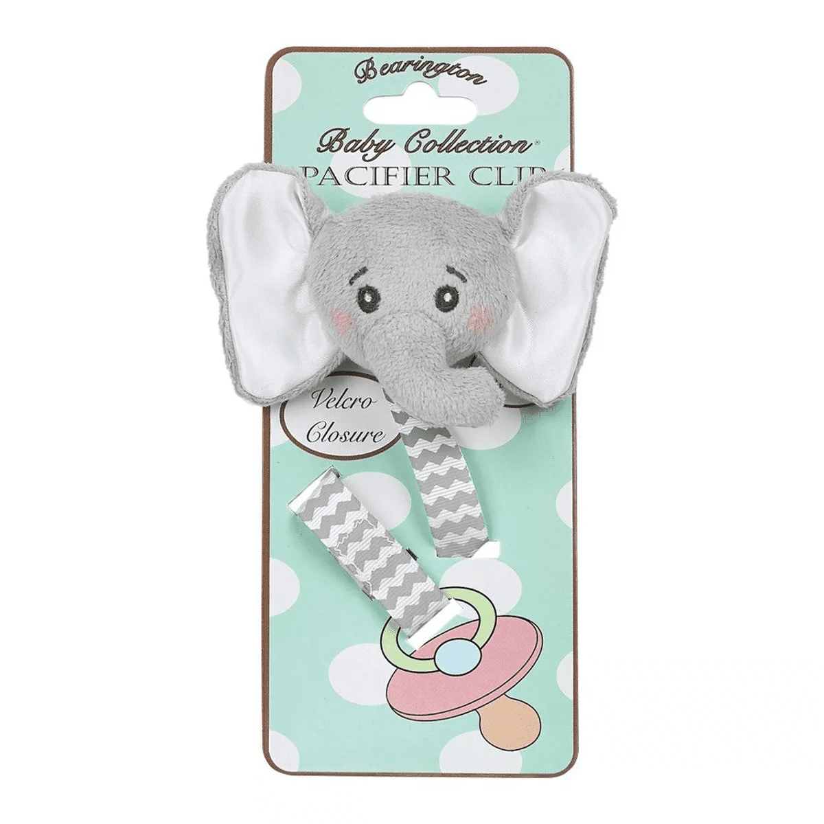 Bearington Baby Lil Spout Plush Gray Elephant Pacifier Holder with Satin Leash and Clip - Image 3