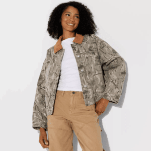 Women'S Padded Denim Barn Jacket Khaki Leaf