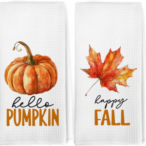 Fall Leaf Pumpkin Kitchen Towels Dishcloth Set of 2, Fall Gifts for Women, Burnt Orange Towels, Hello Pumpkin Autumn Leaf Decorative Dish Towel Hand Tea Towel for Bathroom Kitchen, 16X24 In