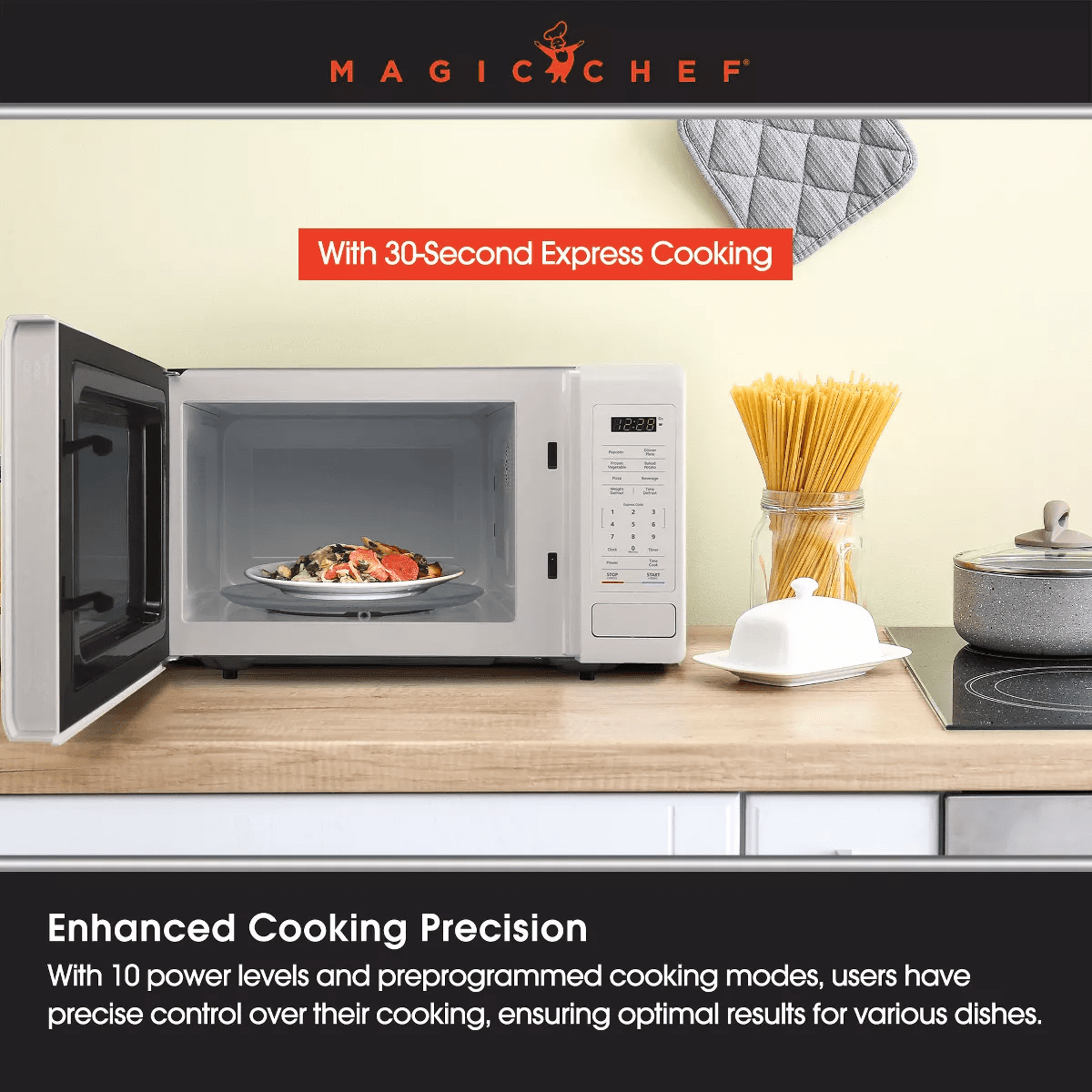 Magic Chef 0.9 Cubic Feet 900 Watt Small Stainless Countertop Microwave Oven for Compact Spaces W/ 6 Pre Programmed Cooking Modes, White - Image 4