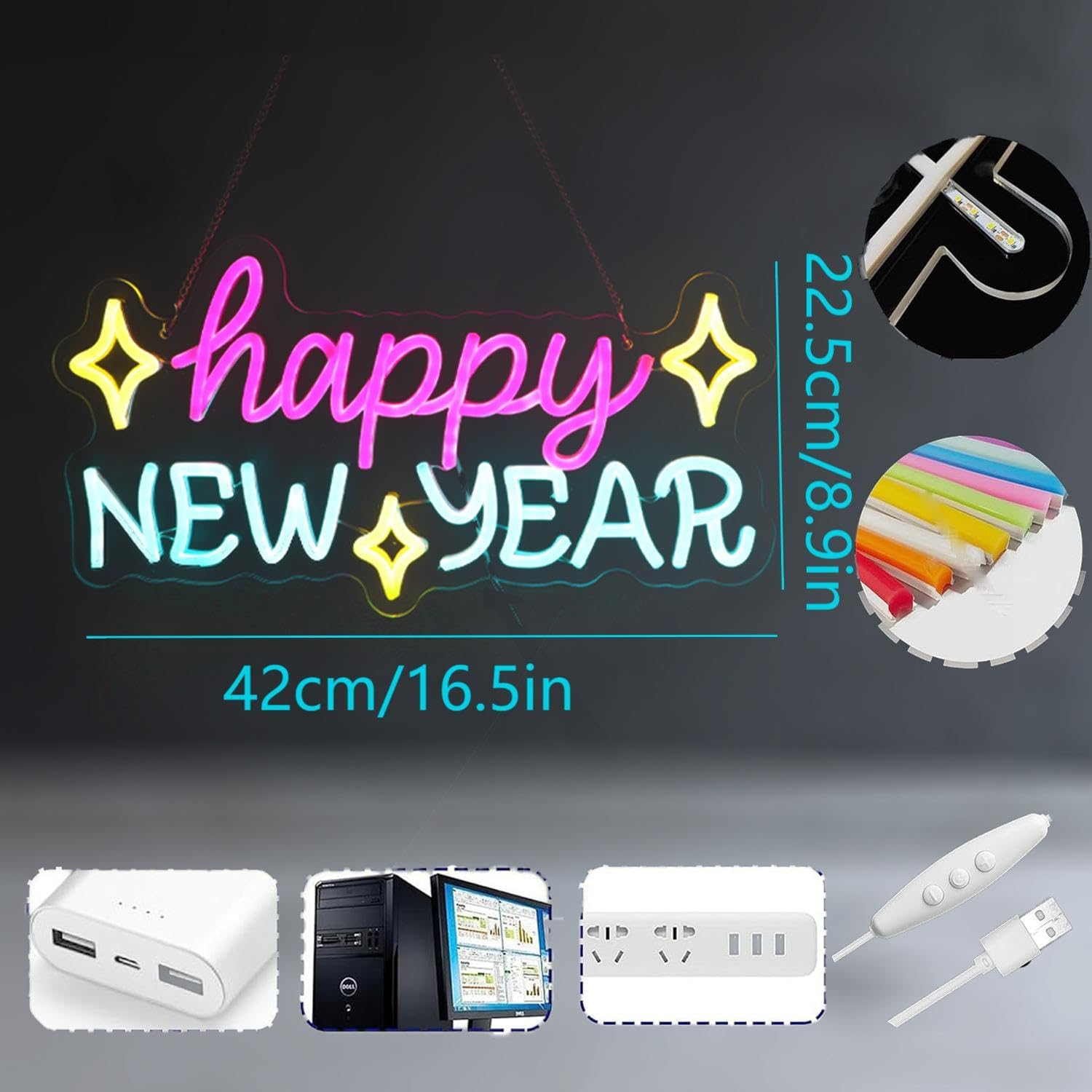Happy New Year Neon Sign, LED Holiday Decor, Indoor Party Decoration - 16.5In×8.9In USB Powered Neon Light with 6 Dimmable Modes for New Year Decorations - Image 3