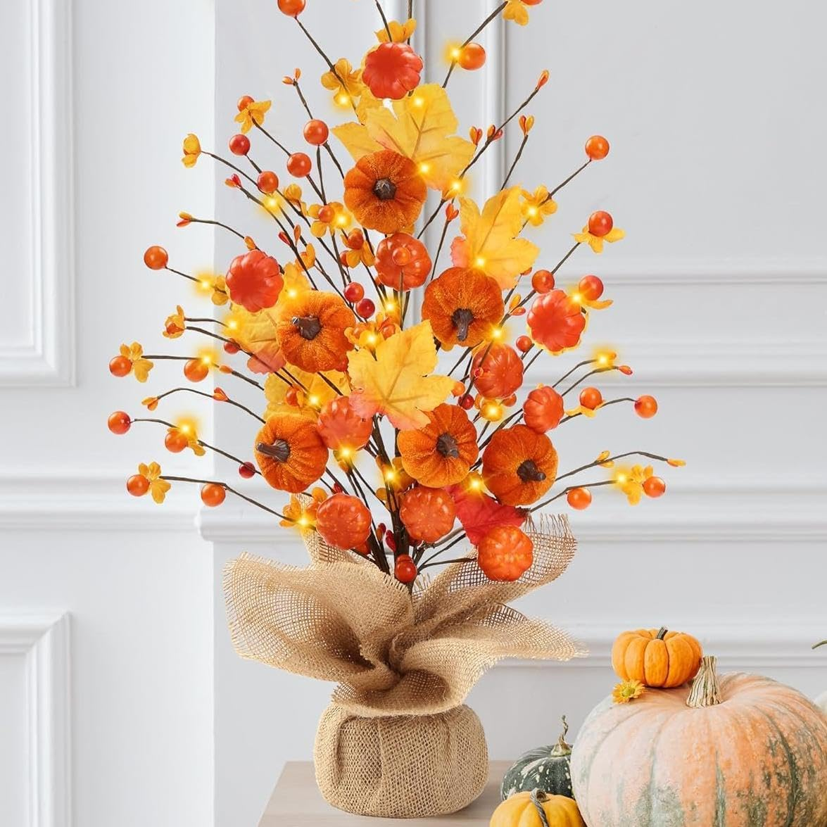 18’’ Fall Pumpkin Table Tree Autumn Decorations Artificial Maple Leaves Berries Faux Tree Decor with Burlap Base for Thanksgiving Harvest Home Holiday Decorations