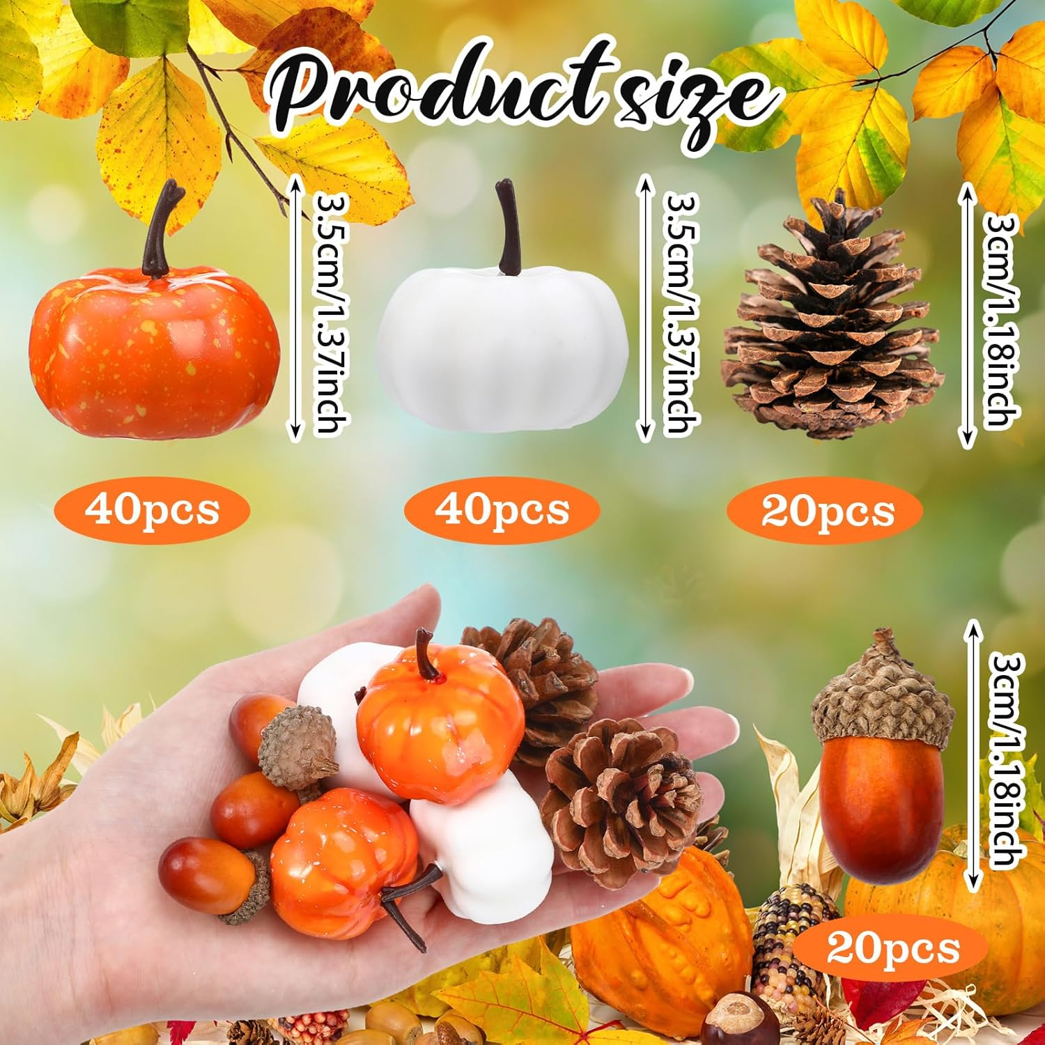 120Pcs Mini Pumpkins Acorns Pine Cones Fall Decoration Thanksgiving Artificial Small Pumpkins Fake Props Bulk Rustic Vase Filler for Autumn Harvest DIY Craft Table Centerpiece(Lovely Color) - Image 2
