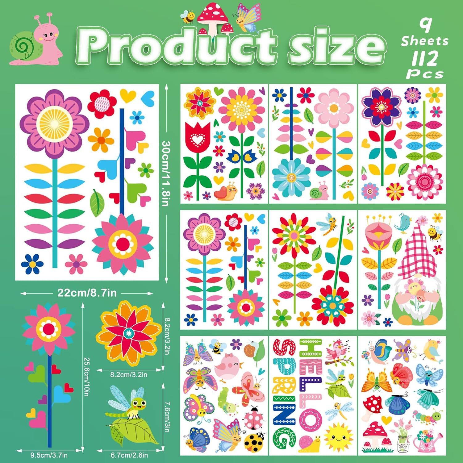Spring Window Clings - 9 Sheets 112 Pcs Hello Spring Window Clings Colorful Flower Gnome Windows Decal Stickers Decor for Glass Windows Classroom Home Office - Image 5