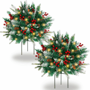 2 Pack Lighted Artificial Christmas Urn Filler, Battery Operated Pre-Lit Xmas Pine Trees, Tripod Stake and 60 LED Lights, Holiday Porch Decorations for Porch, Yard, Garden, Flower Beds(Warm White)