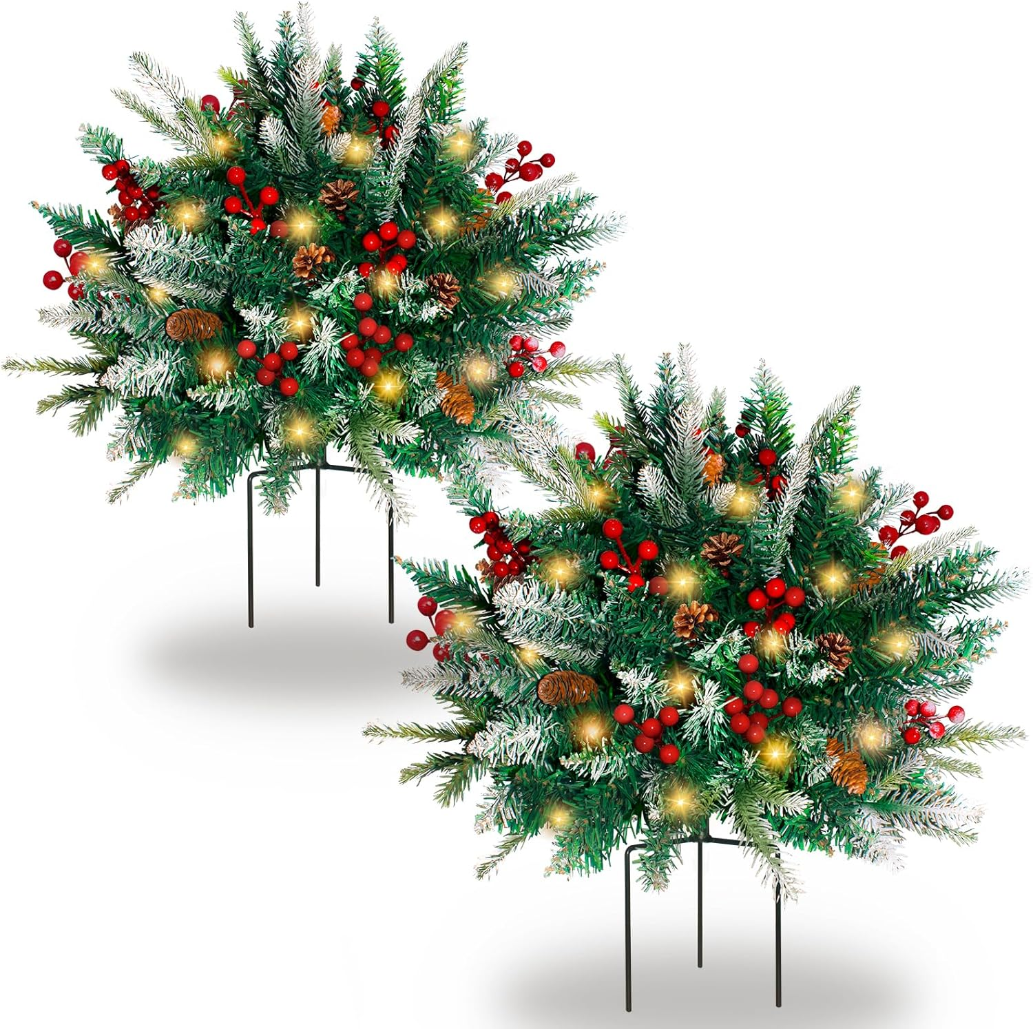 2 Pack Lighted Artificial Christmas Urn Filler, Battery Operated Pre-Lit Xmas Pine Trees, Tripod Stake and 60 LED Lights, Holiday Porch Decorations for Porch, Yard, Garden, Flower Beds(Warm White)
