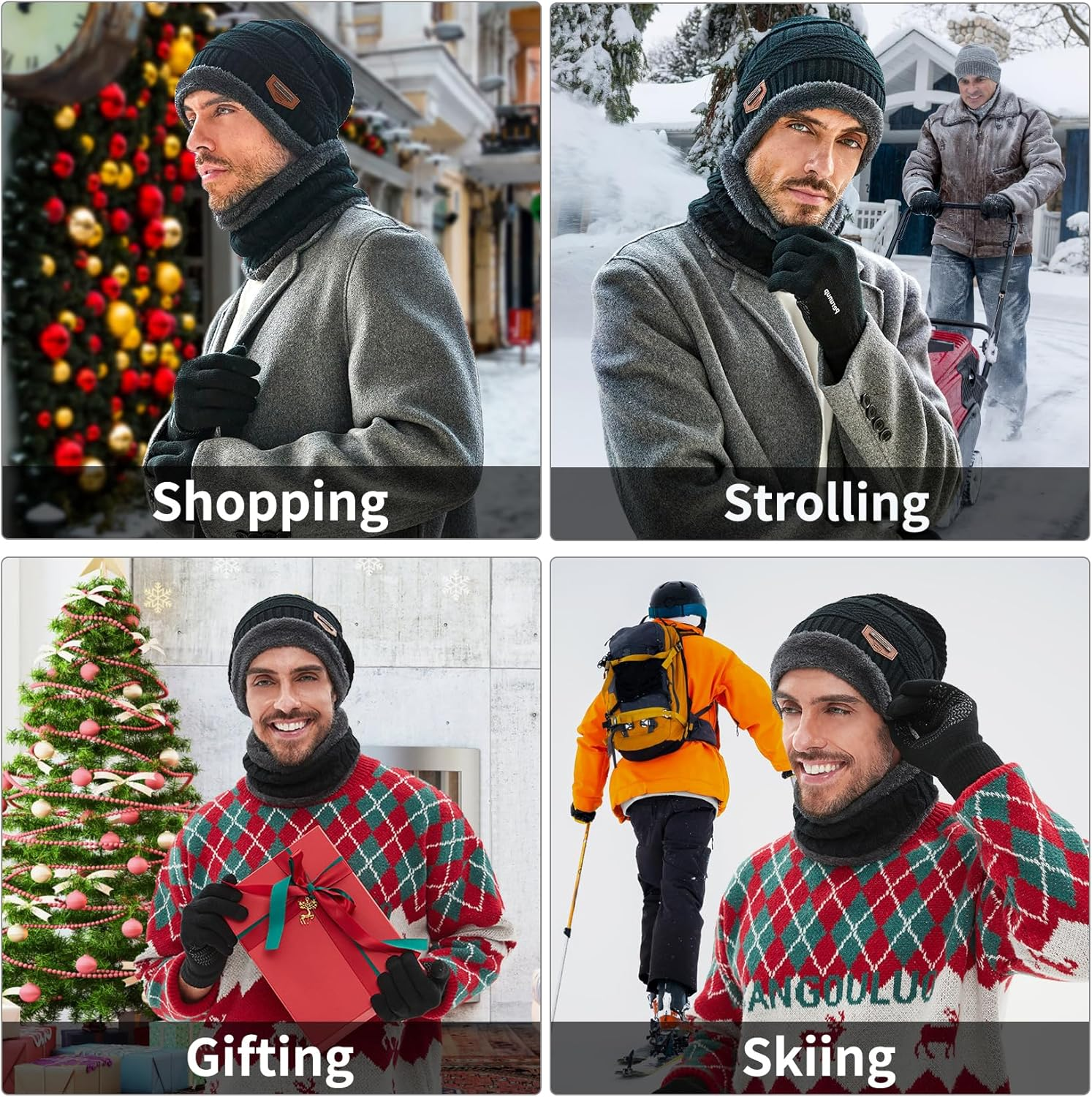 Winter Knit Beanie Hat Neck Warmer Scarf and Touch Screen Gloves Set 3 Pcs Fleece Lined Skull Cap for Men Women - Image 5