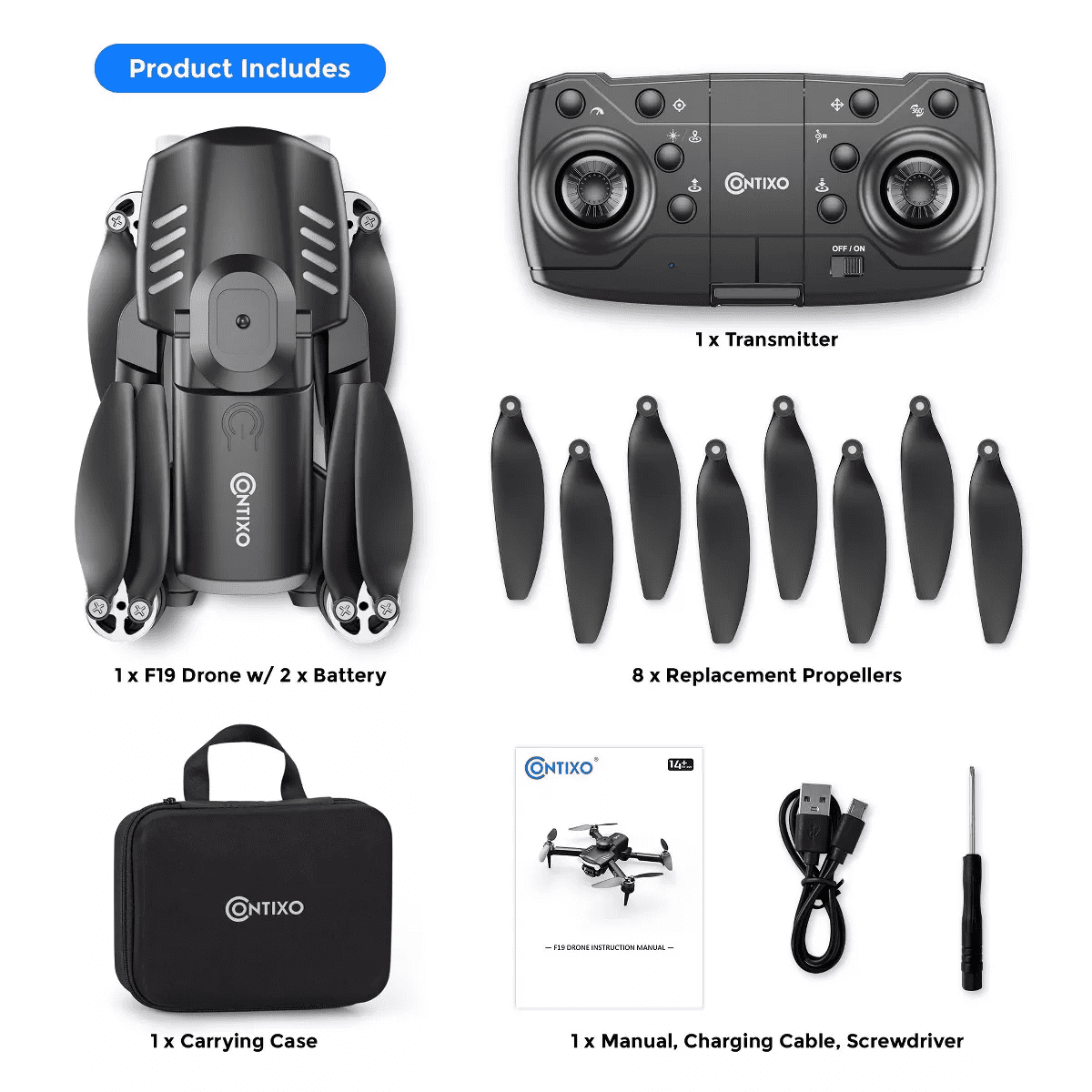 Contixo F19 Arvo Foldable Drone with 1080P HD Camera, FPV, Obstacle Avoidance, 2 Batteries, Brushless Motors & LED Lights – Black - Image 9