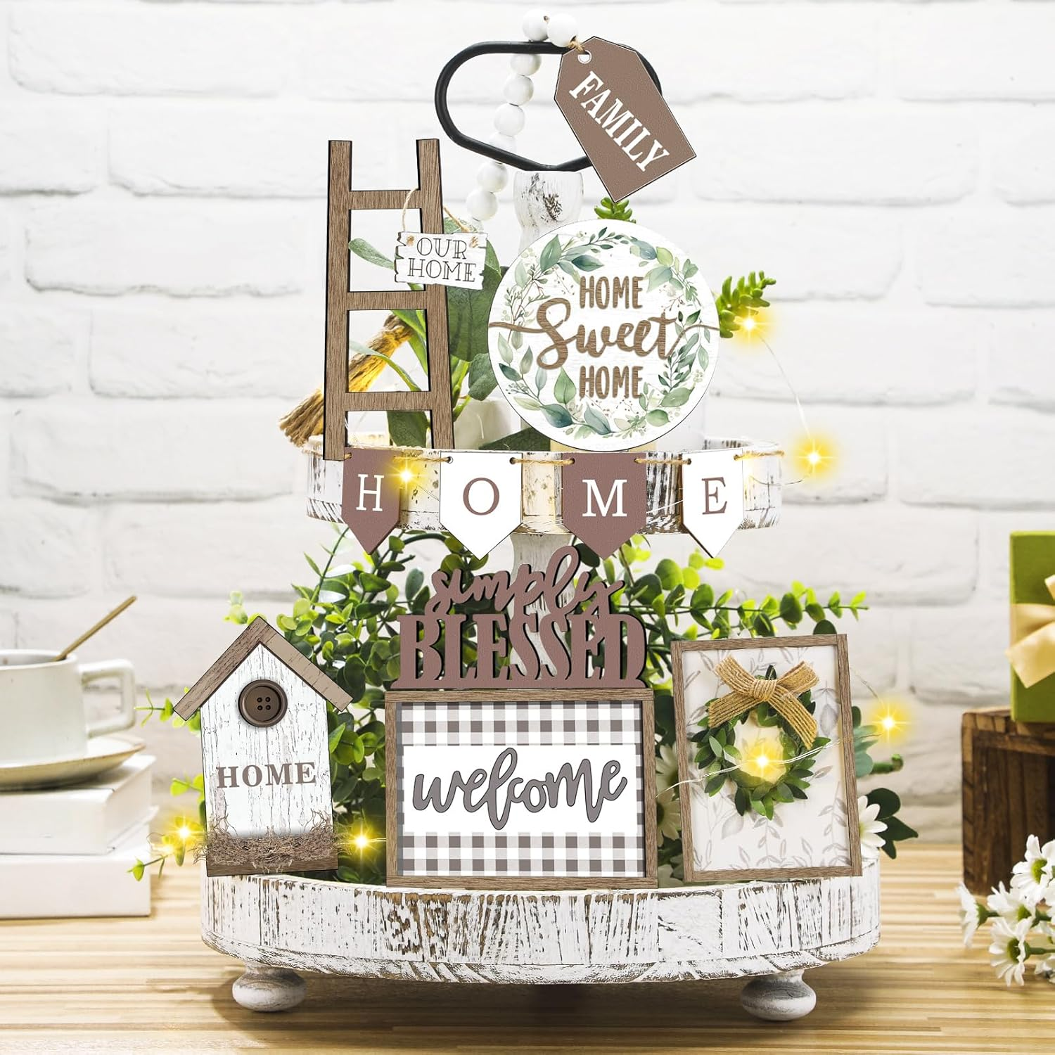 Set of 11 Summer Farmhouse Tiered Tray Decor Rustic Home Tiered Tray Decorations Set Wooden Signs Home This Is Us Farmhouse Tabletop Wood Signs for Kitchen Table Shelf Decor - Image 6