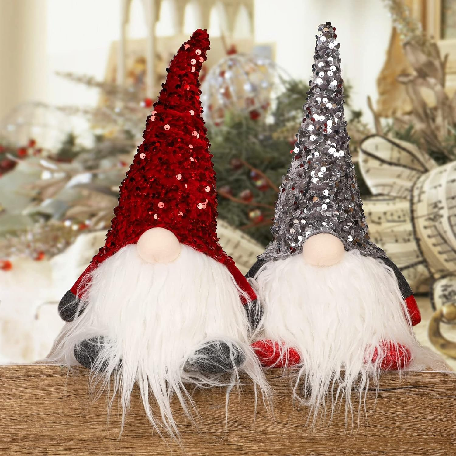 12" Lighted Christmas Gnome, Handmade Sequins Hat Scandinavian Swedish Tomte, Light up Plush Elf Toy Holiday Present, Battery Operated Winter Tabletop Christmas Decorations, 2 Set - Image 7