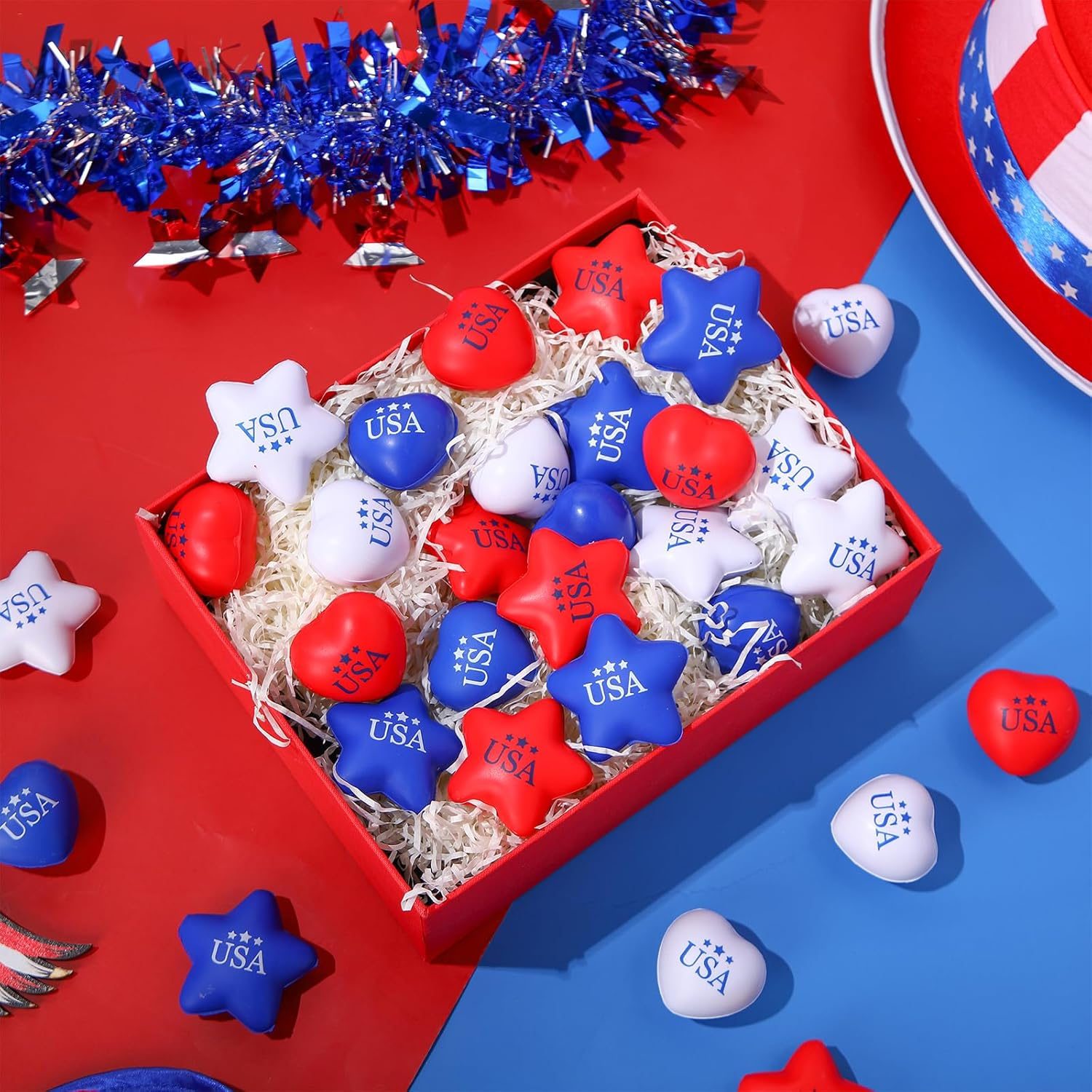 30 Pcs 4Th of July Stress Balls Mini Bulk Patriotic Foam Star Stress Red White Blue Heart Stressballs Independence Day Relief Balls for School Carnival Reward Patriotic Party Favor - Image 7
