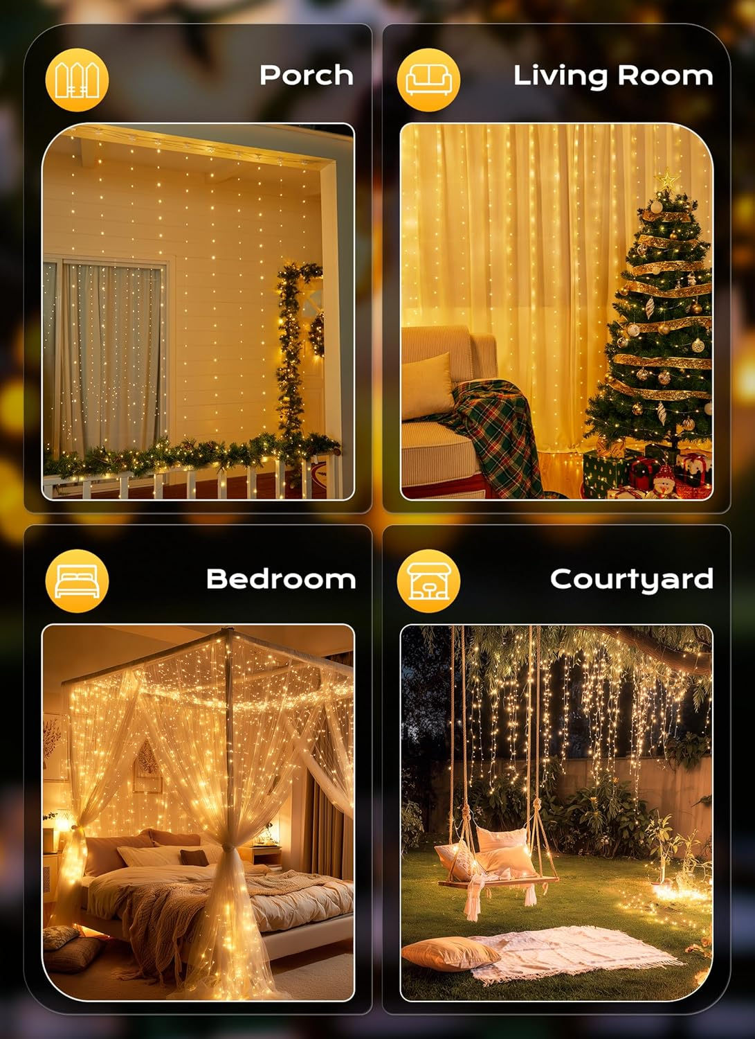 300 LED Fairy Curtain Lights, 9.8Ft X 9.8Ft Warm White Curtain String Lights, USB Plug in 8 Lighting Modes Christmas Decoration, Hanging Lights with Remote for Bedroom Indoor Weddings Dorm - Image 7