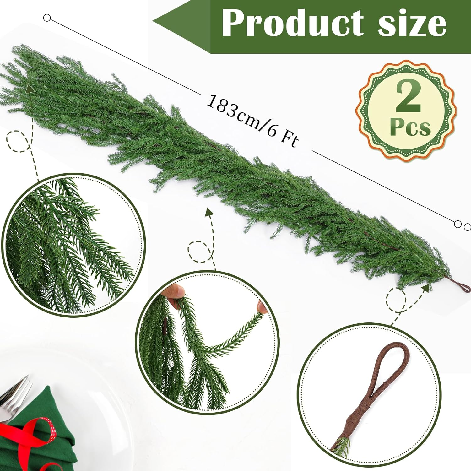 2 Pcs 6 Ft Artificial Norfolk Pine Garlands, Real Touch Winter Pine Garland, Green Artificial Greenery Garland for Table, Mantle, Wall, Indoor, Outdoor Christmas Decorations (2, 6 FT) - Image 2