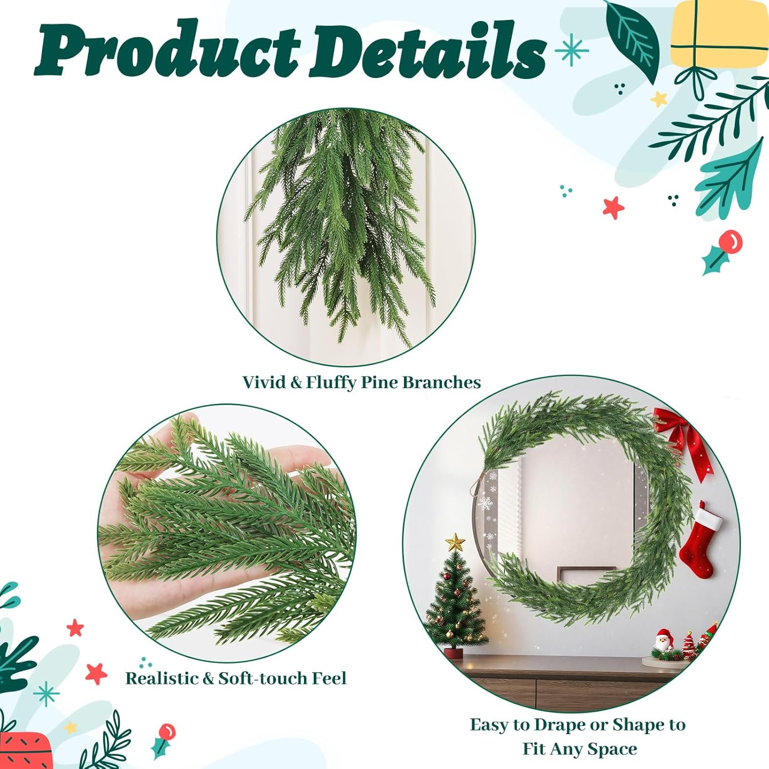 12FT(2 * 6FT) Christmas Norfolk Pine Garland, Real Touch Faux Green Garlands, Winter Artificial Greenery Garland for Mantle, Stairs, Table, Fireplace, Indoor & Outdoor Xmas Decorations - Image 4