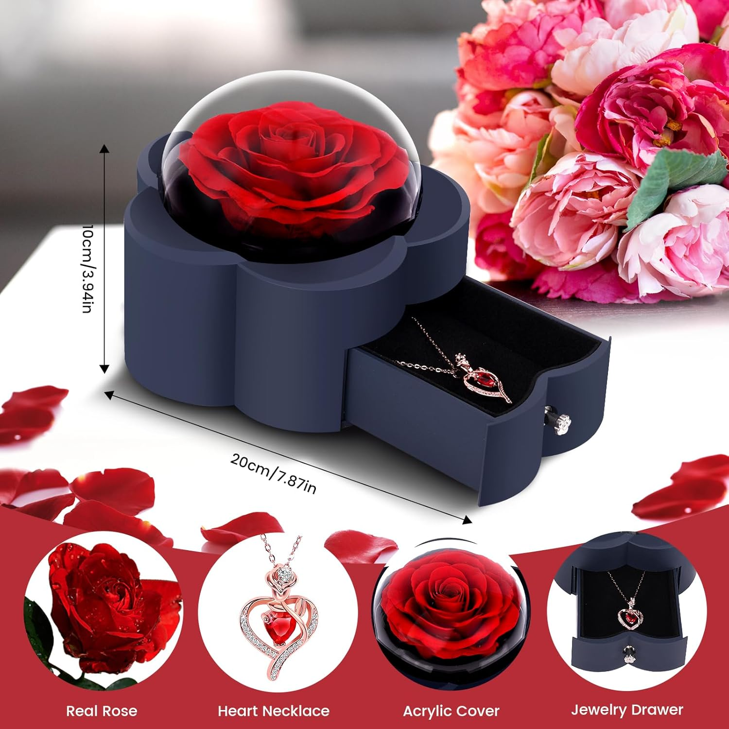 Preserved Rose with Heart Necklace Eternal Flower Gift for Mom Wife Girlfriend Women Perfect for Valentine'S Day Birthday Anniversary Mother'S Day Christmas Red Rose - Image 3