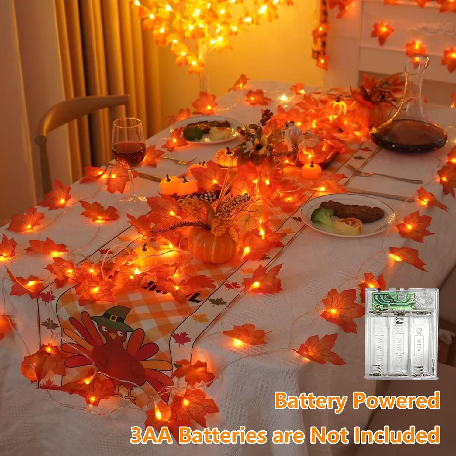 2 Packs Fall Decorations for Home, Thanksgiving Lights Battery Operated, Total 20Ft 40 LED Lighted Fall Garland Maple Leaves for Holiday Autumn Harvest Fall Thanksgiving Halloween Decor - Image 2