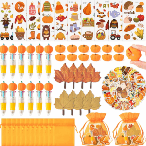 Fall Stationery Party Favors - 12 Pack Autumn Goodie Bag Fillers Stuffer Gift Set Include Pumpkin 4-In-1 Ballpoint Pen Squishy Toy Maple Leaf Sticky Note Fall Animal Tattoo Sticker and Organza