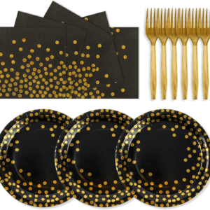 75PCS Paper Plates and Napkins Set - Black and Gold Dot Disposable Party Dinnerware Includes Paper Plates, Napkins, Forks Decorations for 2025 Graduations, Birthdays and Weddings, Serves 25