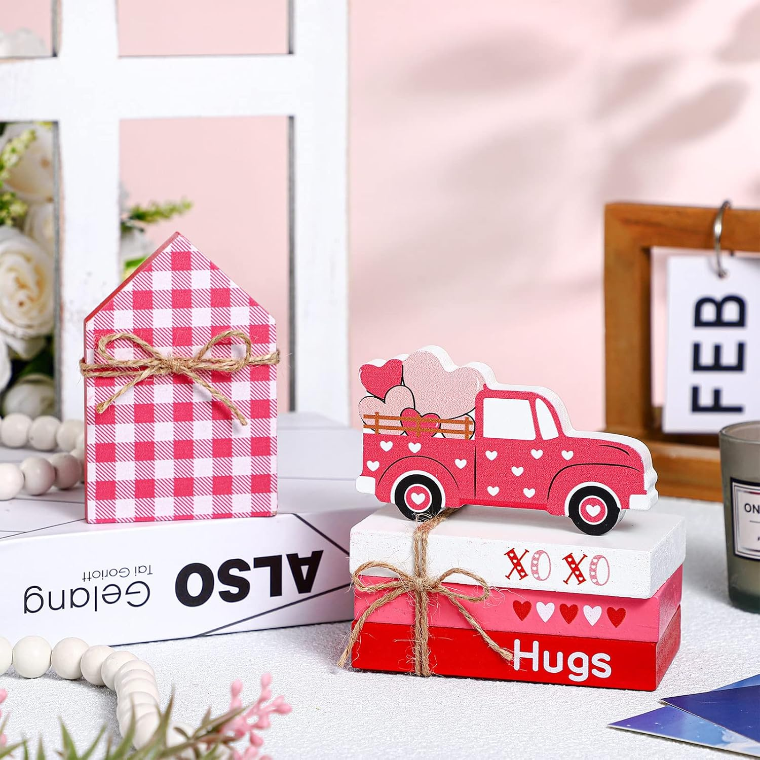5-Piece Valentine'S Day Tiered Tray Decorations - 3 Faux Books Bundle with Twine, Red Truck & Heart Valentine House Sign - Table Decor for Bookshelf - Image 6
