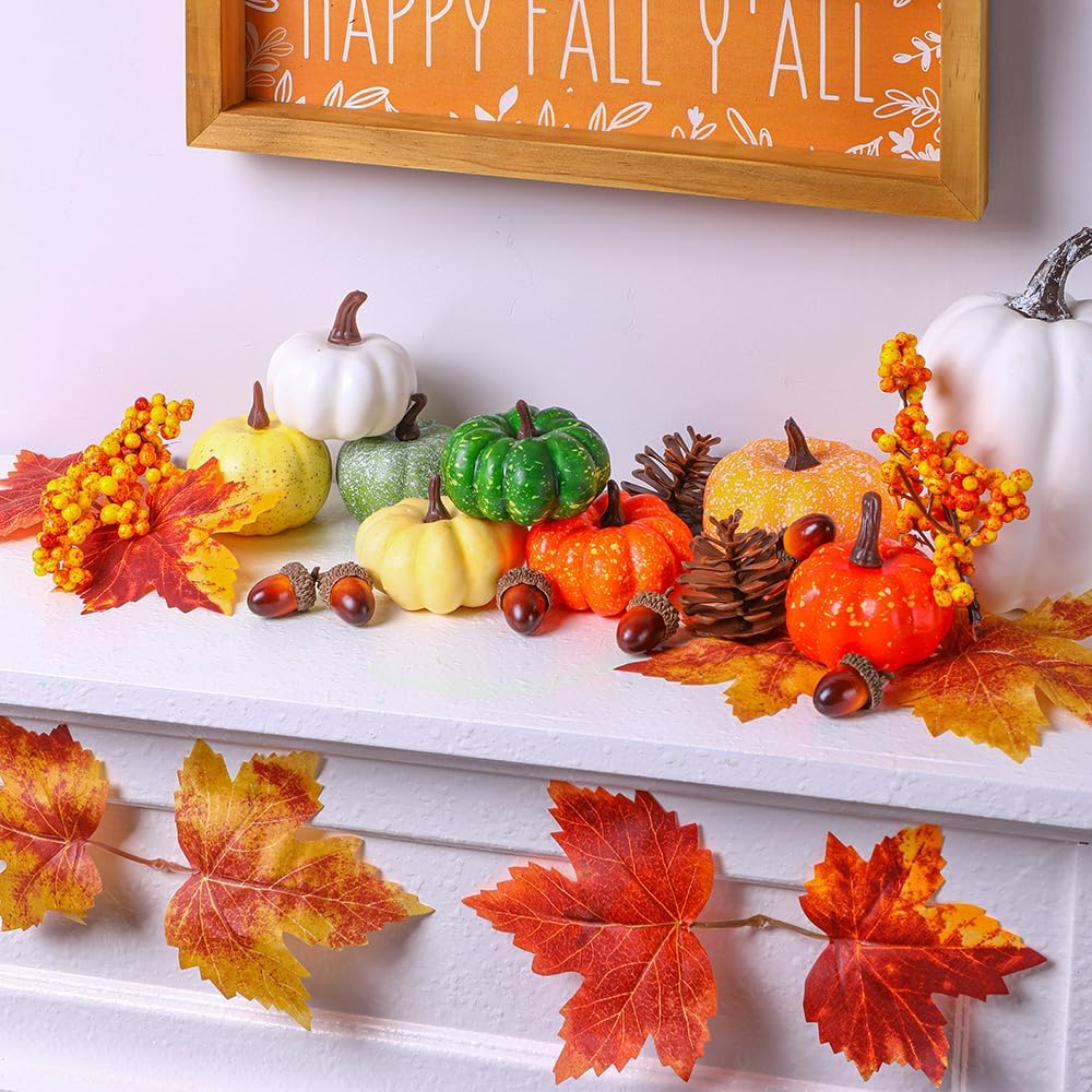 22Pcs Fall Mini Pumpkin Decorations Realistic Pumpkins Decor with Maple Leaves Plastic Pine Cones Acorns Berries Artificial Pumpkin for Thanksgiving Halloween Autumn Harvest Home Table Decor - Image 5