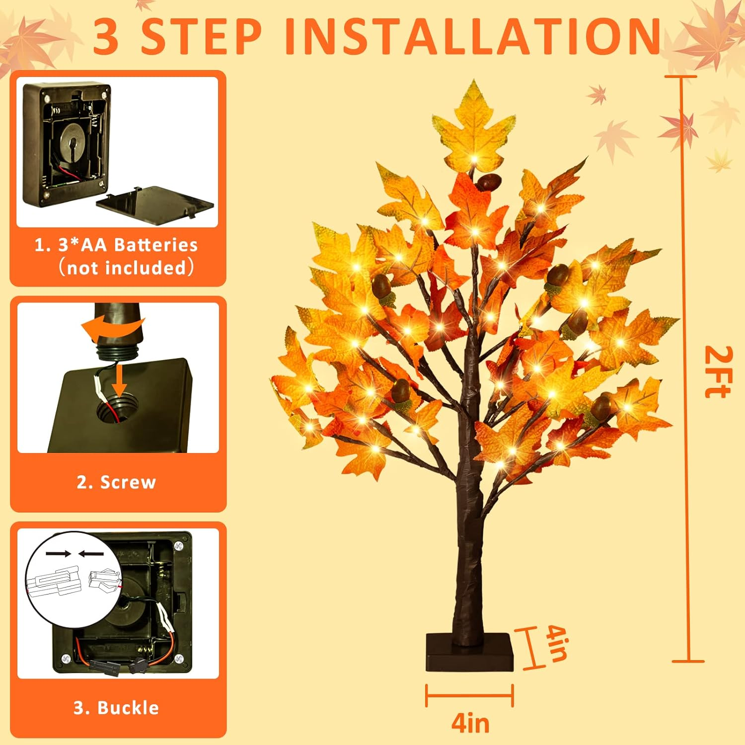 2Pack Fall Lighted Maple Tree - 2FT 36 LED Thanksgiving Decor Artificial Fall Lights, Battery Operated Tabletop Lamp with 6 Acorns, 6-Hours Timer, for Wedding Party Indoor Outdoor Autumn Decor… - Image 7