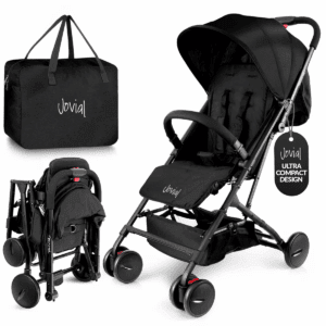 Jovial Portable Folding Baby Stroller - Compact, Lightweight Design with Reclining Seat, Storage Basket & Travel Bag (Black)