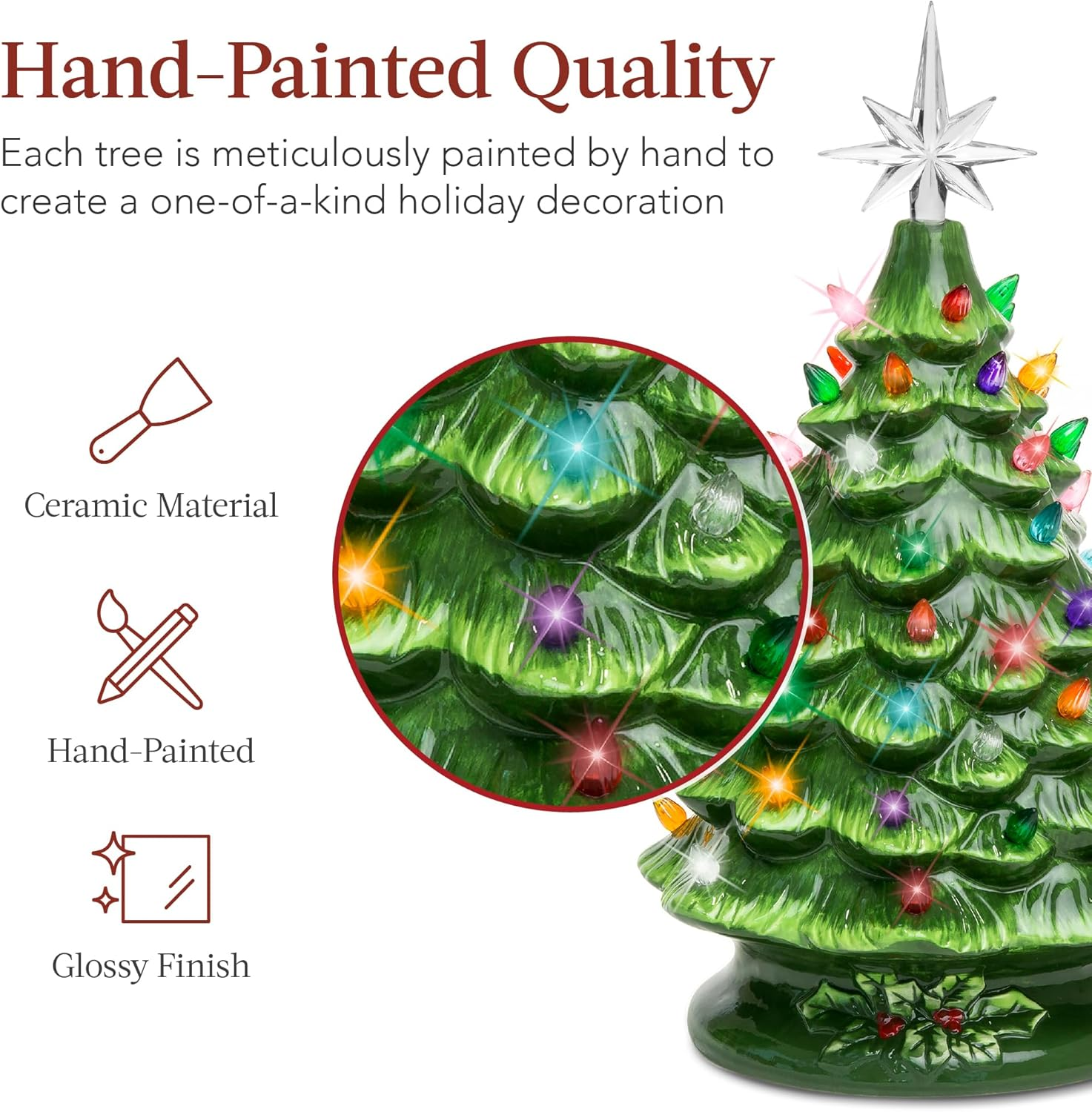 15In Ceramic Christmas Tree, Pre-Lit Hand-Painted Tabletop Holiday Tree, Star Topper, 64 Lights - Green W/Multicolored Bulbs - Image 2