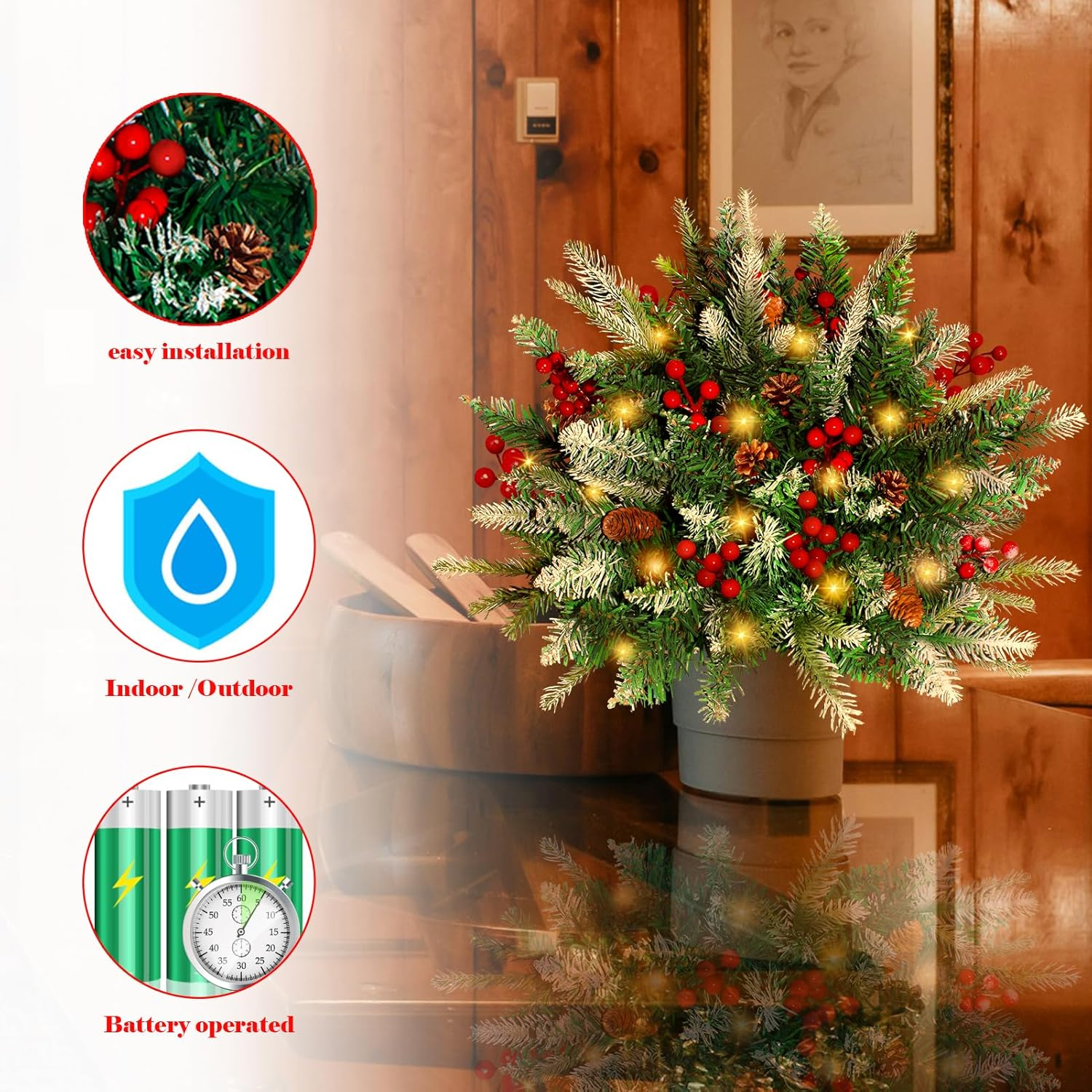 2 Pack Lighted Artificial Christmas Urn Filler, Battery Operated Pre-Lit Xmas Pine Trees, Tripod Stake and 60 LED Lights, Holiday Porch Decorations for Porch, Yard, Garden, Flower Beds(Warm White) - Image 5