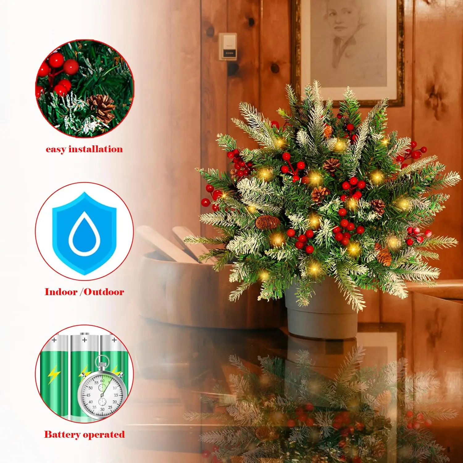 2 Pack Lighted Artificial Christmas Urn Filler, Battery Operated Pre-Lit Xmas Pine Trees, Tripod Stake and 60 LED Lights, Holiday Porch Decorations for Porch, Yard, Garden, Flower Beds(Warm White) - Image 5