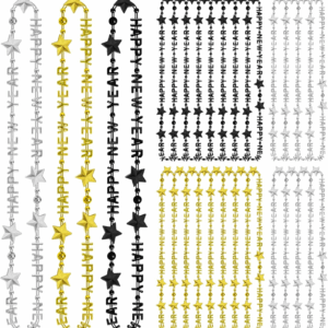 24PCS New Years Necklace Decorations, Bead Necklaces Party Supplies 2026, HAPPY NEW YEAR Star Necklaces Bulk Accessories, Black Gold Silver Bead Necklace 2026 Decorations