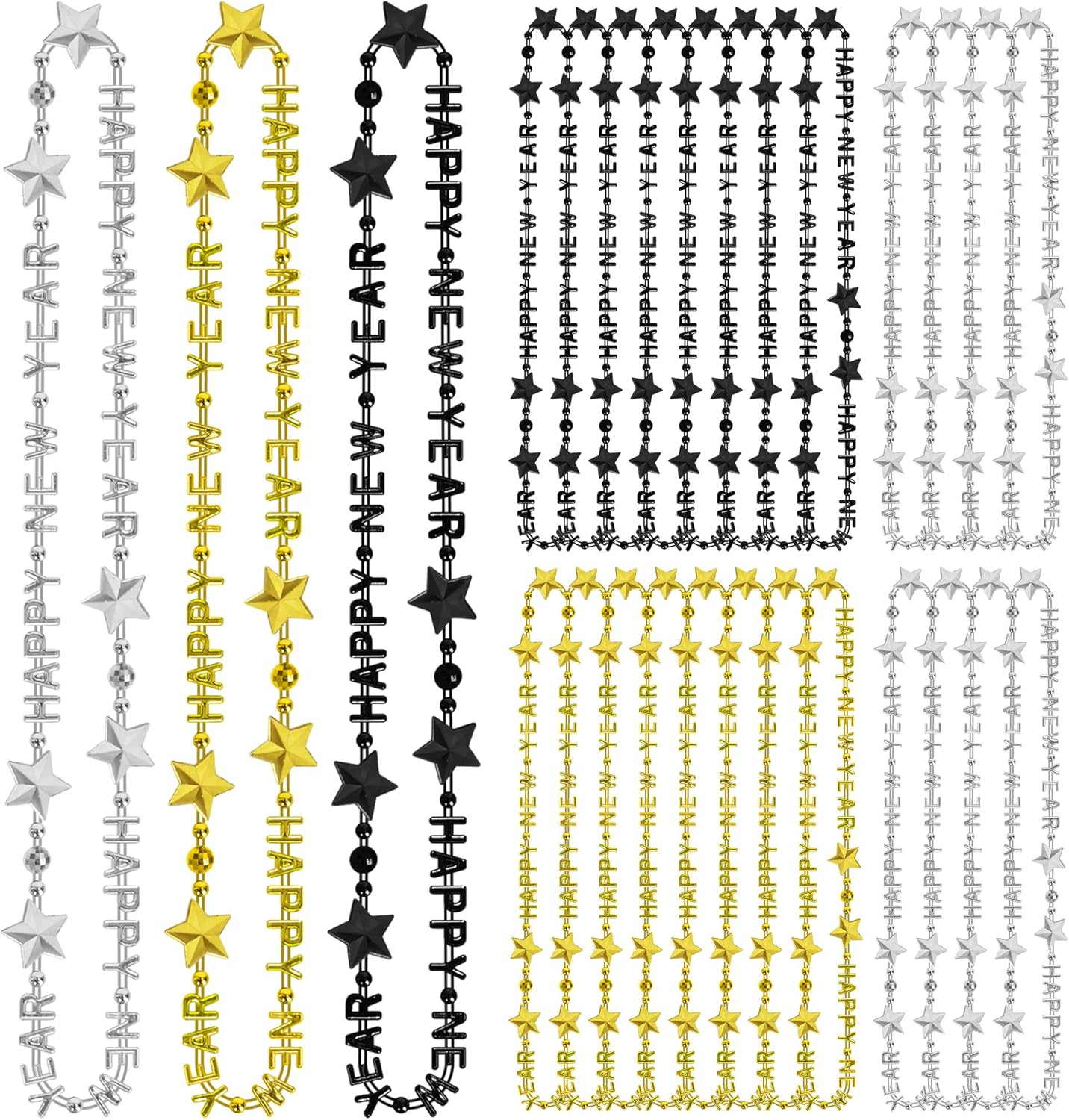 24PCS New Years Necklace Decorations, Bead Necklaces Party Supplies 2026, HAPPY NEW YEAR Star Necklaces Bulk Accessories, Black Gold Silver Bead Necklace 2026 Decorations