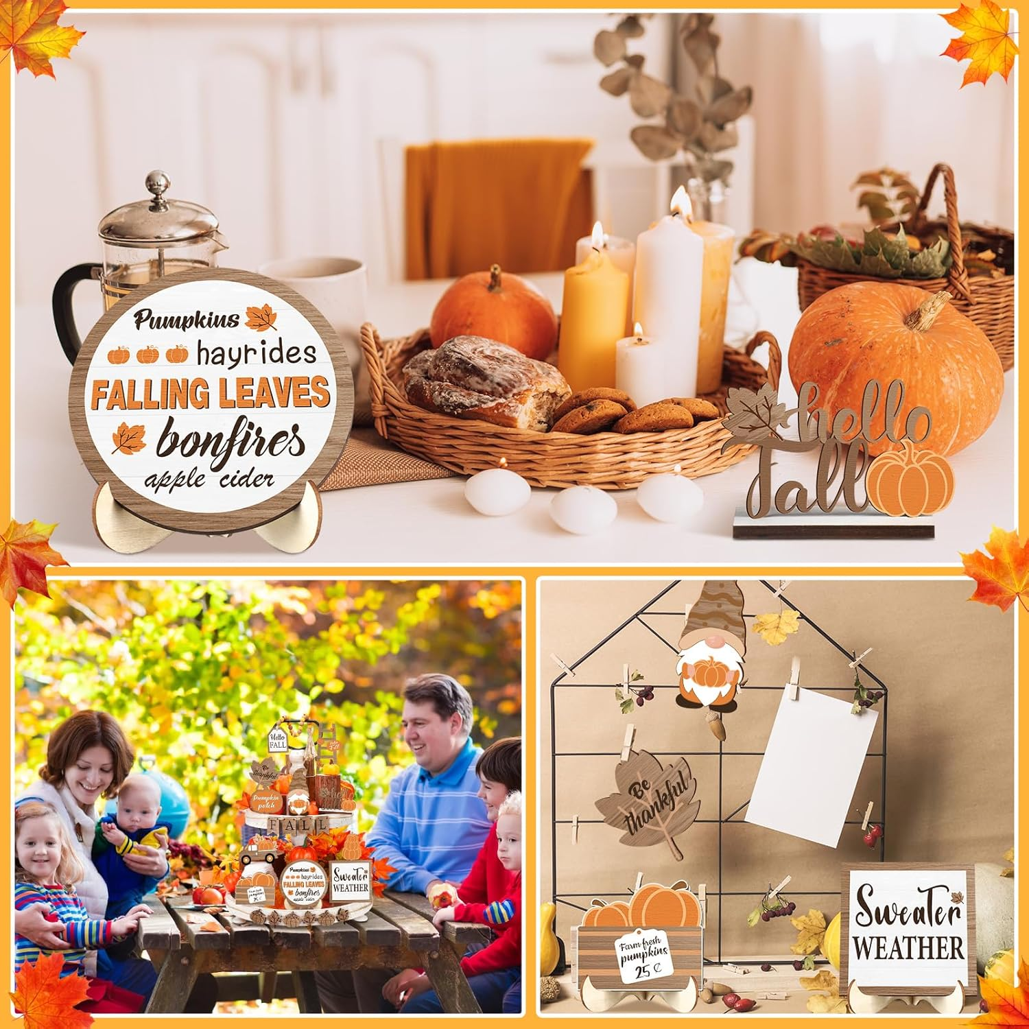 21 Pcs Fall Thanksgiving Tiered Tray Decor Set Pumpkin Gnome Truck Wood Sign Rustic Farmhouse Decor Hello Fall Wood Bead Decorative Tabletop Sign for Autumn Thanksgiving Day(Rustic) - Image 6