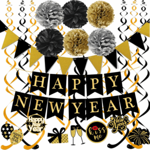 Happy New Year Banner Pom Poms Triangle Flag Swirls Garland Hanging Bunting for New Year Party Decorations Supplies