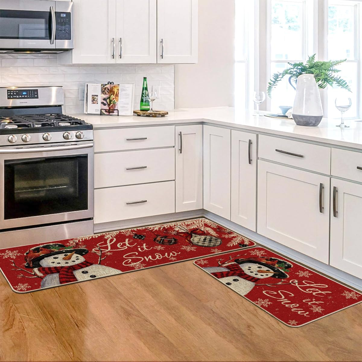 Snowman Let It Snow Snowflake Christmas Kitchen Mats Set of 2, Winter Home Decor Low-Profile Kitchen Rugs for Floor - 17X29 and 17X47 Inch - Image 5