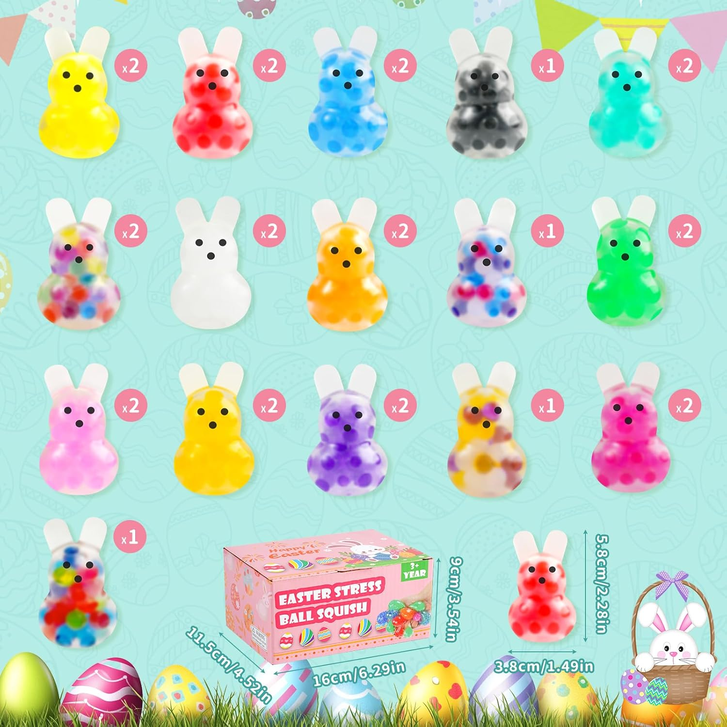 28Packs Easter Bunny Stress Balls,Easter Basket Stuffers,Easter Squishy Squeeze Balls Bulk Fidget Toys for Adults,Stress Relief Balls,Easter Gifts Party Favors (Colorful-28) - Image 3