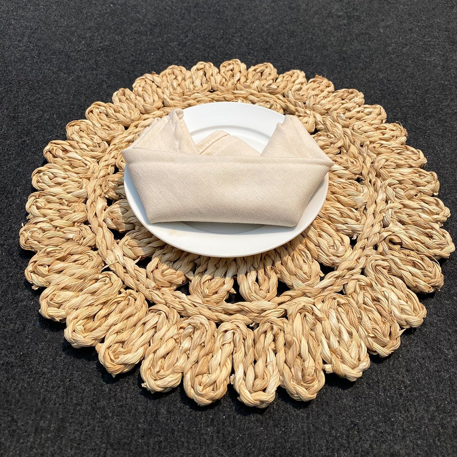 13.8" round Corn Husk Placemats | Boho Woven Rattan Table Mats | Natural Spring Farmhouse Plate Chargers | Handmade Rustic Wicker Place Mats for Christmas Wedding (Set of 4) - Image 5