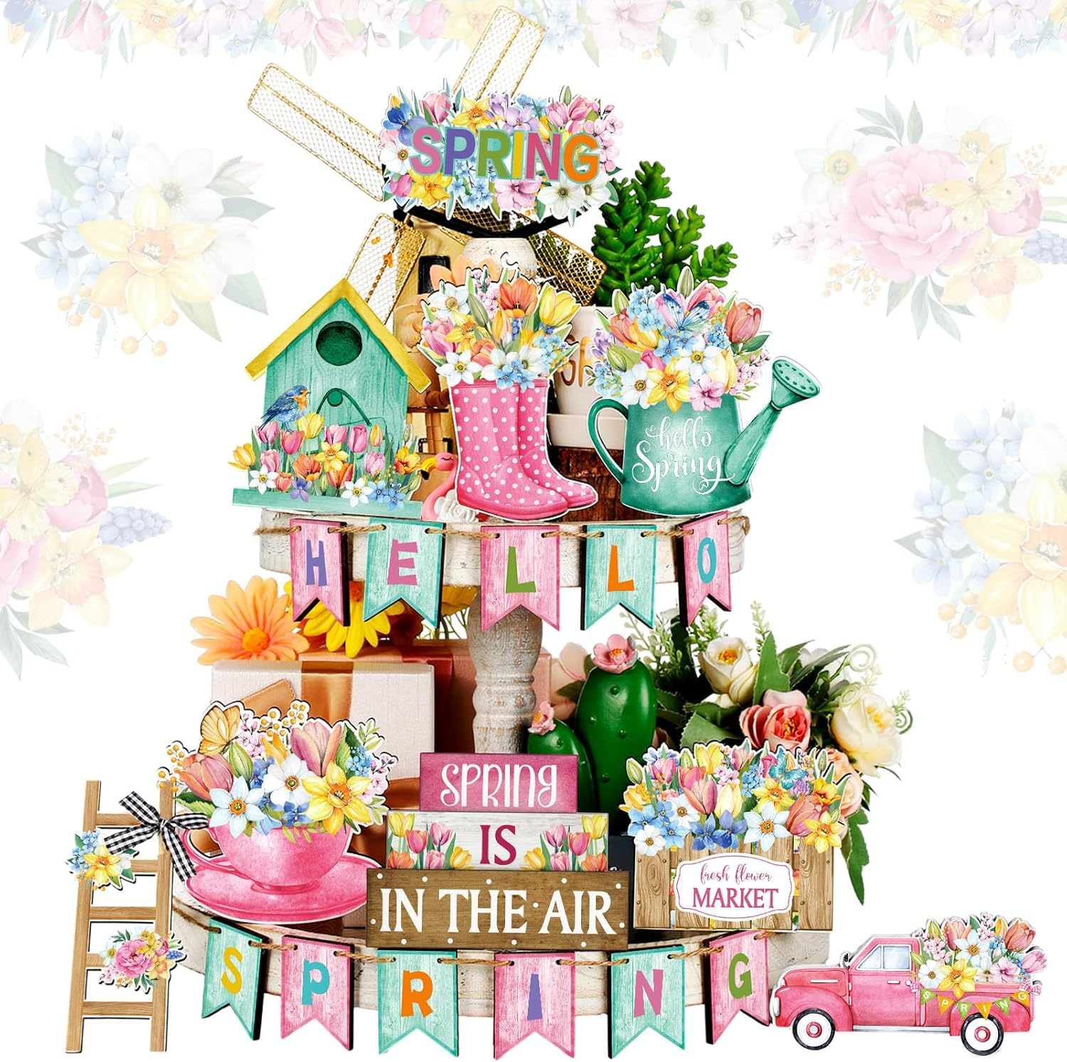 20 Pcs Spring Flower Tiered Tray Decor Set Rustic Farmhouse Spring Floral Table Home Kitchen Shelf Tabletop Centerpiece Office Decorations (Cute) - Image 2