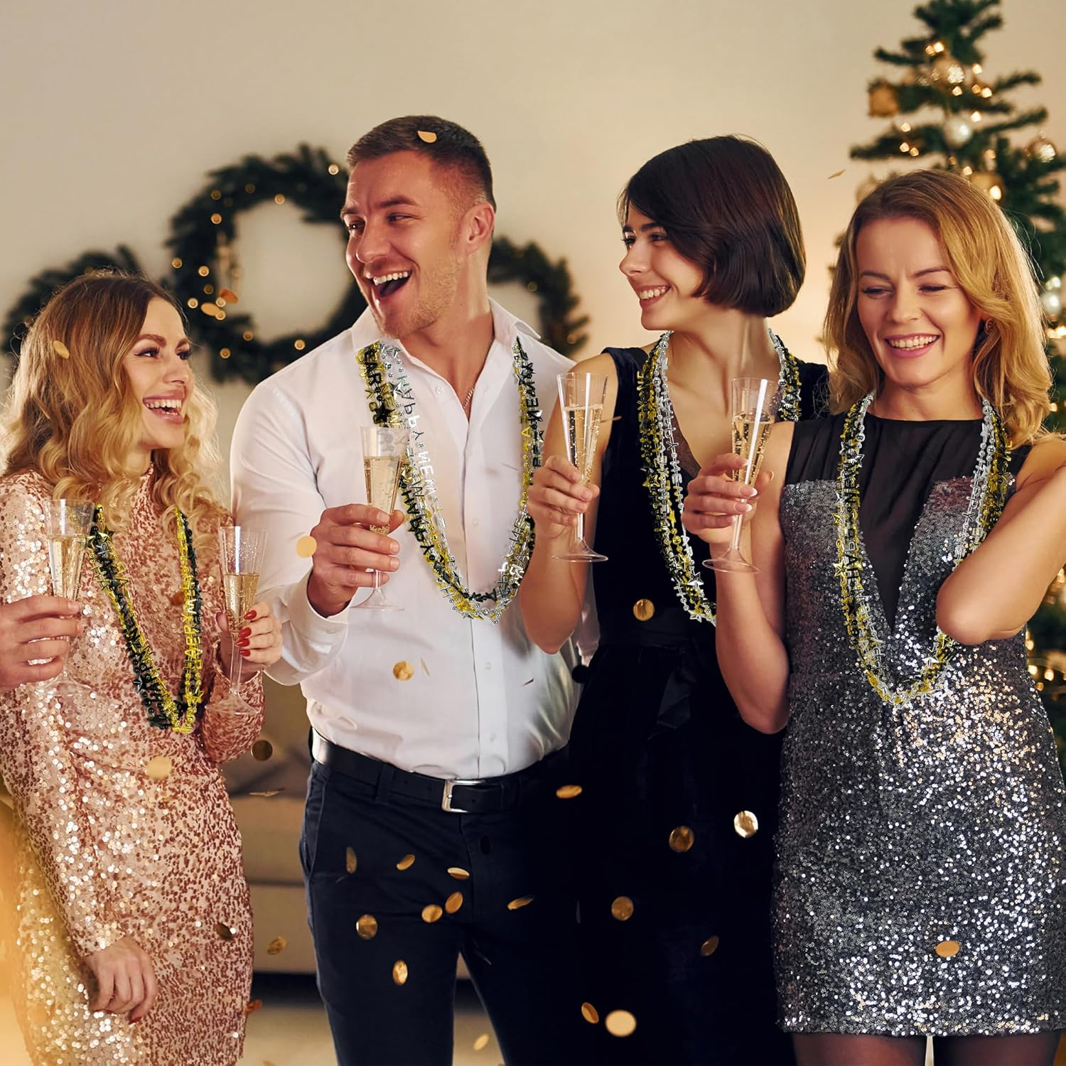 24PCS New Years Necklace Decorations, Bead Necklaces Party Supplies 2026, HAPPY NEW YEAR Star Necklaces Bulk Accessories, Black Gold Silver Bead Necklace 2026 Decorations - Image 5