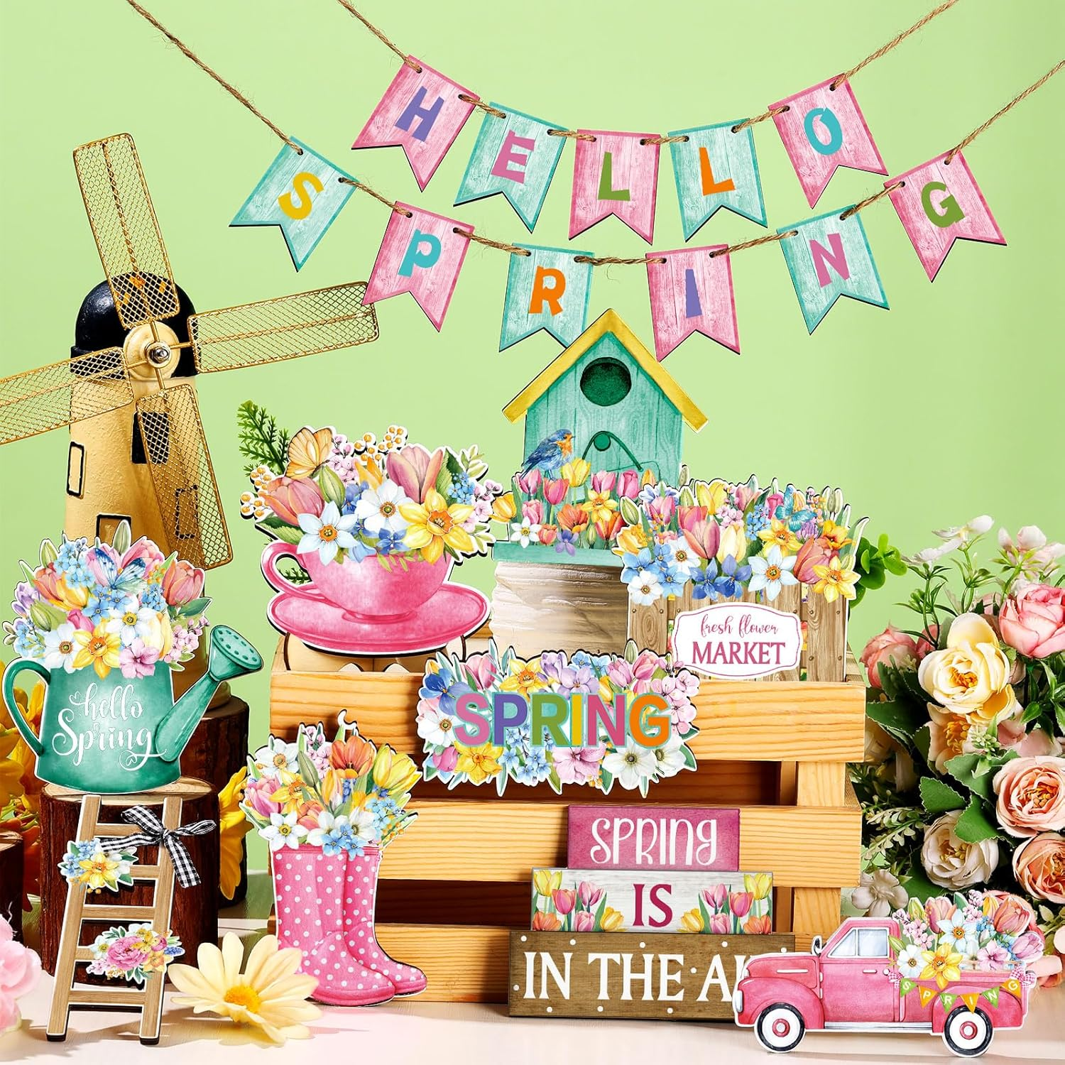 20 Pcs Spring Flower Tiered Tray Decor Set Rustic Farmhouse Spring Floral Table Home Kitchen Shelf Tabletop Centerpiece Office Decorations (Cute) - Image 3