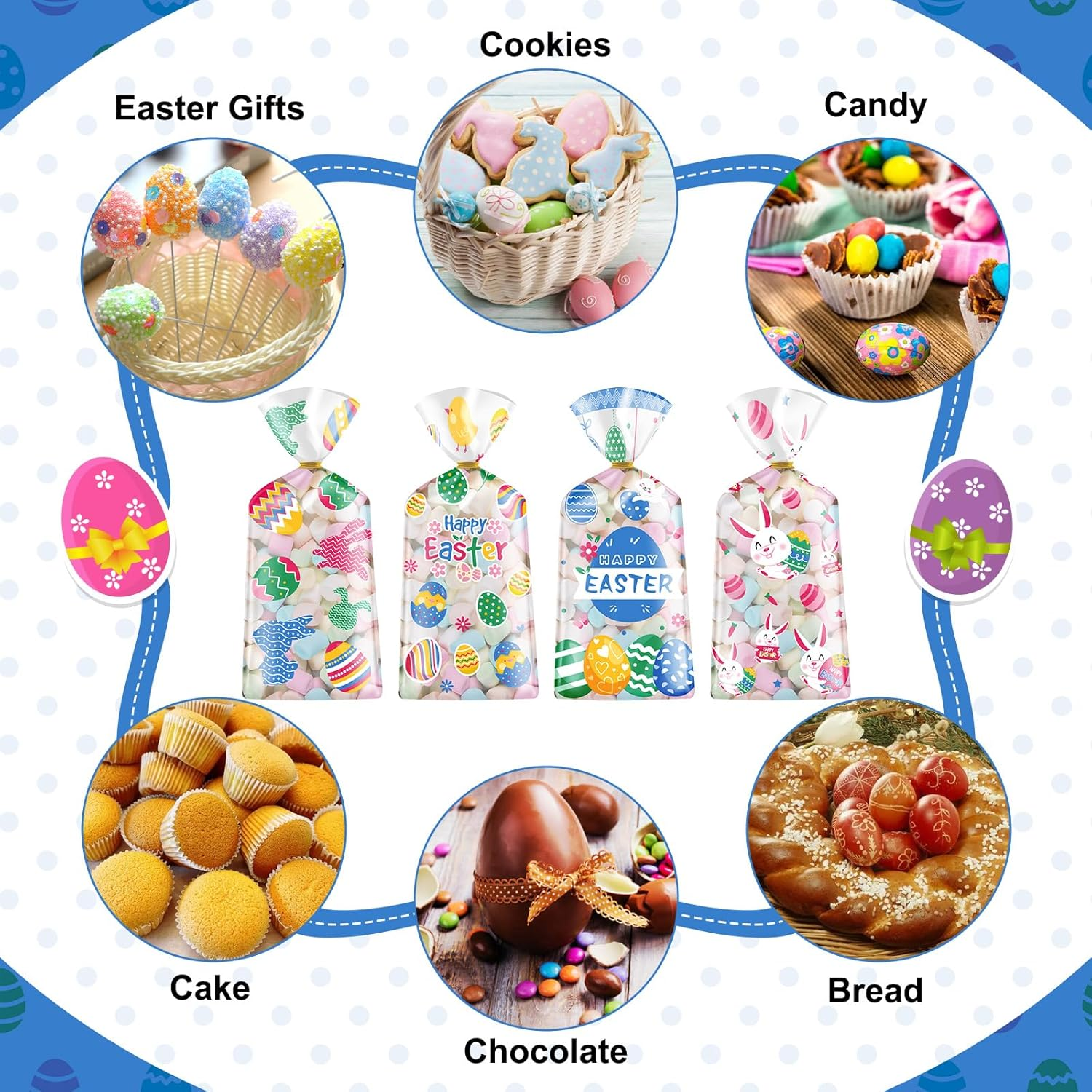 100 Pcs Easter Treat Bags - Happy Easter Gift Bag, Easters Eggs Plastic Cellophane Bag, Clear Colorful Easters Bunny Goodie Candy Favor Bags with Gold Twist Ties for Easte Party Favors Supplies - Image 6
