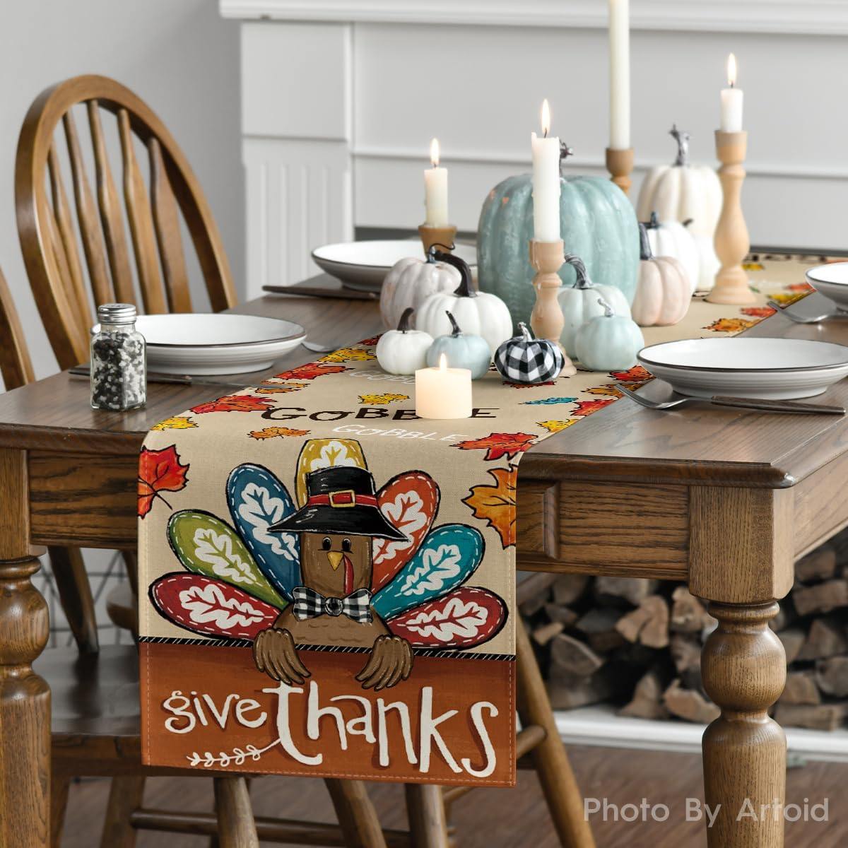 Turkey Give Thanks Thanksgiving Table Runner, Seasonal Fall Autumn Kitchen Dining Table Decoration for Home Party Decor 13X72 Inch - Image 4