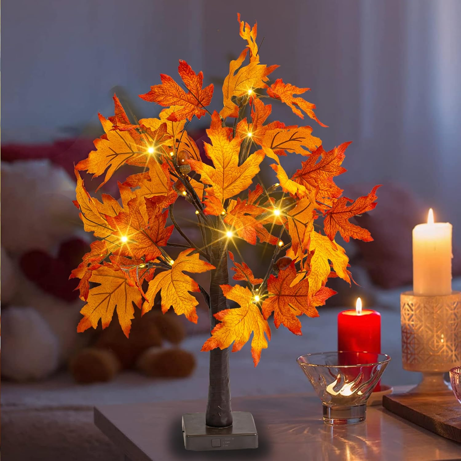 2 Pack 24 Inch Lighted Thanksgiving Fall Maple Tree Decor, 24 LED Battery Operated Decorations Artificial Tree with Timer for Indoor Home Room Holiday Xmas Party - Image 6