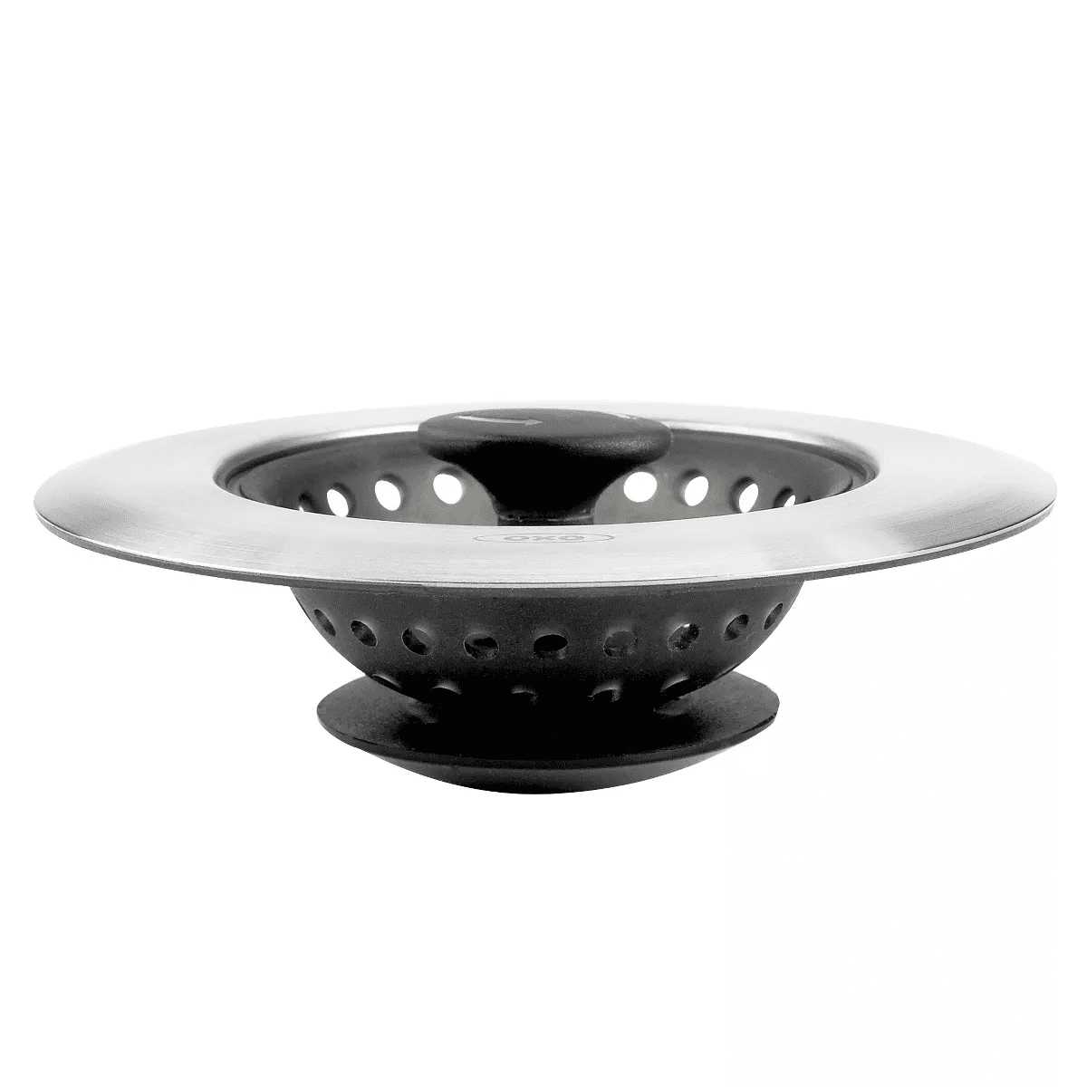 OXO Silicone Sink Strainer with Stopper: Black, Stainless Steel, Kitchen Drain Plug, Dishwasher-Safe, 4.3" Diameter