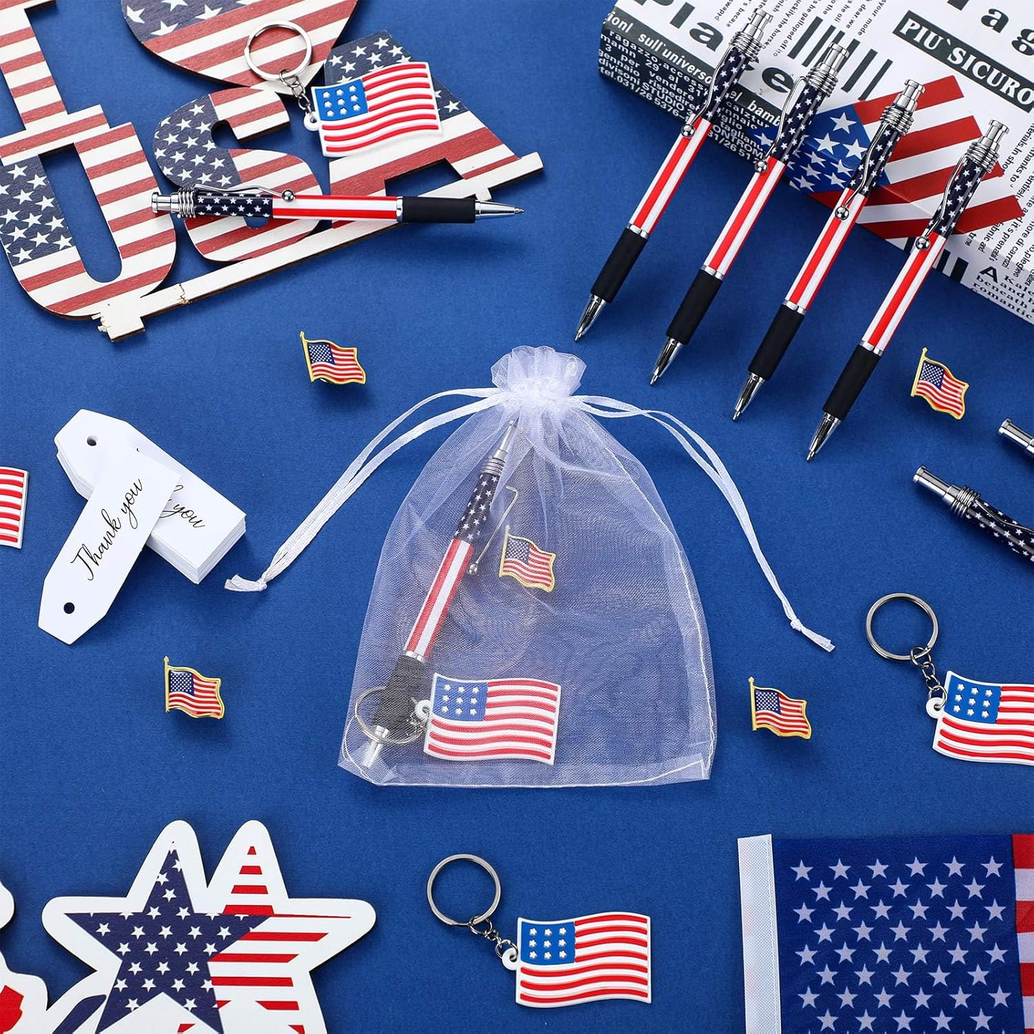 250 Pcs Veterans Day Style American Flag Lapel Pins Ballpoint Pen Black Independence Day Flag Keychains Thank You Card Organza Gift Bag for Home Office School 4Th of July Party Supplies - Image 3