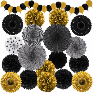 Black and Gold Decorations, Paper Pompoms Fan for Graduation Birthday Wedding Prom Night New Years Black and Gold Party Decorations