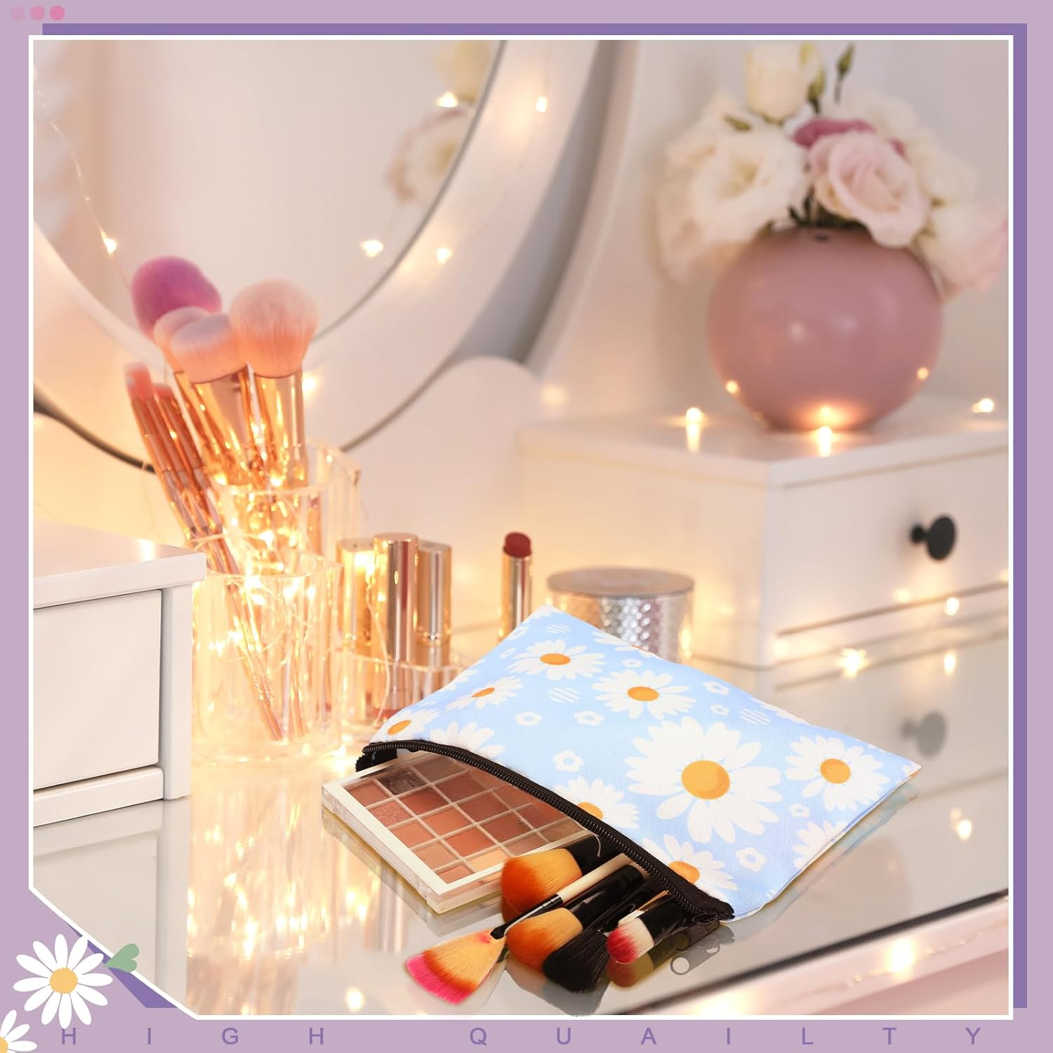 10 Pcs Makeup Bags Bulk for Women Daisy Small Zipper Pouch Purse Canvas Cosmetic Bag Mini Pouch Gift for Housekeeping Week Employee Thanksgiving Christmas Teacher Mom Travel Storage Organizer - Image 6
