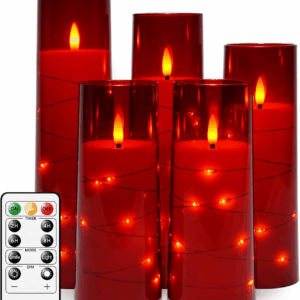 Flameless LED Candles with Timer 5 Pc Flickering Flameless Candles for Romantic Ambiance and Home Decoration Stable Acrylic Shell,With Embedded Star String,Battery Operated Candles(Red)