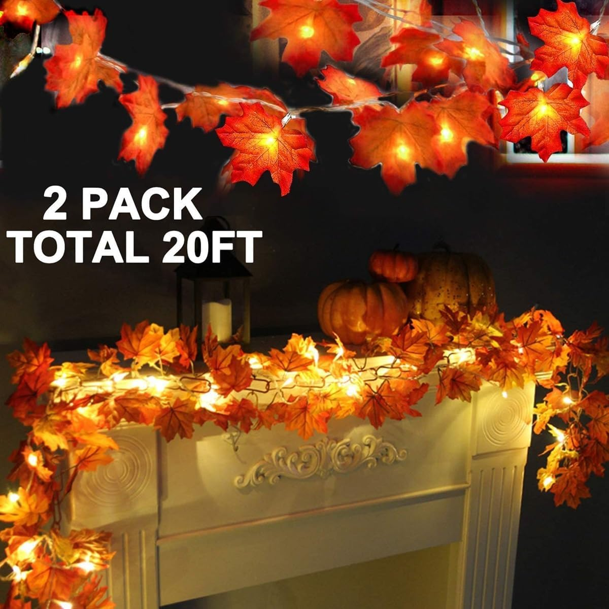 2 Pack Fall Decor Enlarged Maples Leafed Lights Total 20Ft 40LED Thanksgiving Halloween Fall Decorations for Home,Battery Operated Autumn Garland Waterproof Indoor Outdoor Holiday Christmas - Image 7