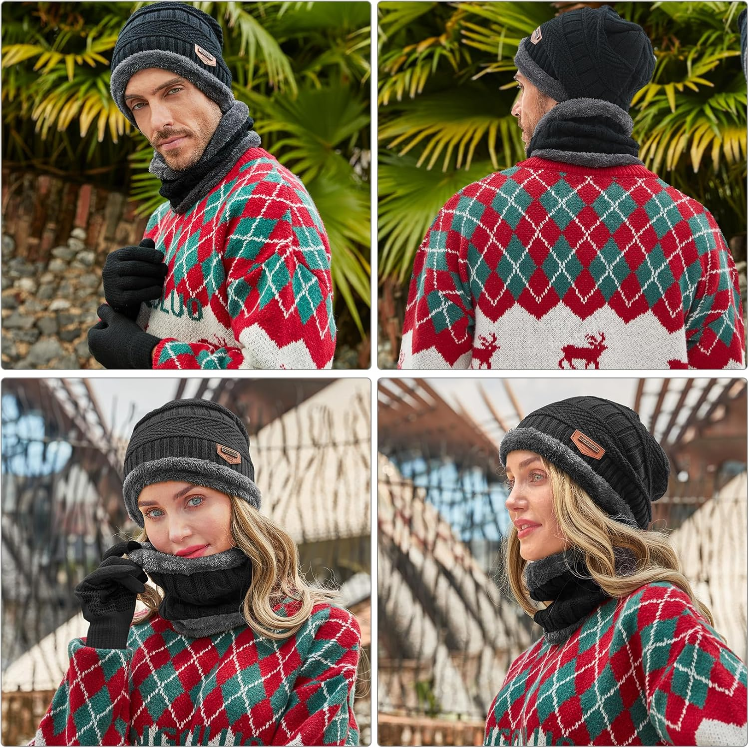 Winter Knit Beanie Hat Neck Warmer Scarf and Touch Screen Gloves Set 3 Pcs Fleece Lined Skull Cap for Men Women - Image 6